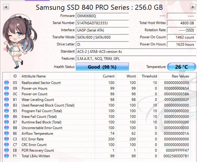 Samsung 840 PRO 256GB SSD Tested Working 98% Health SATA