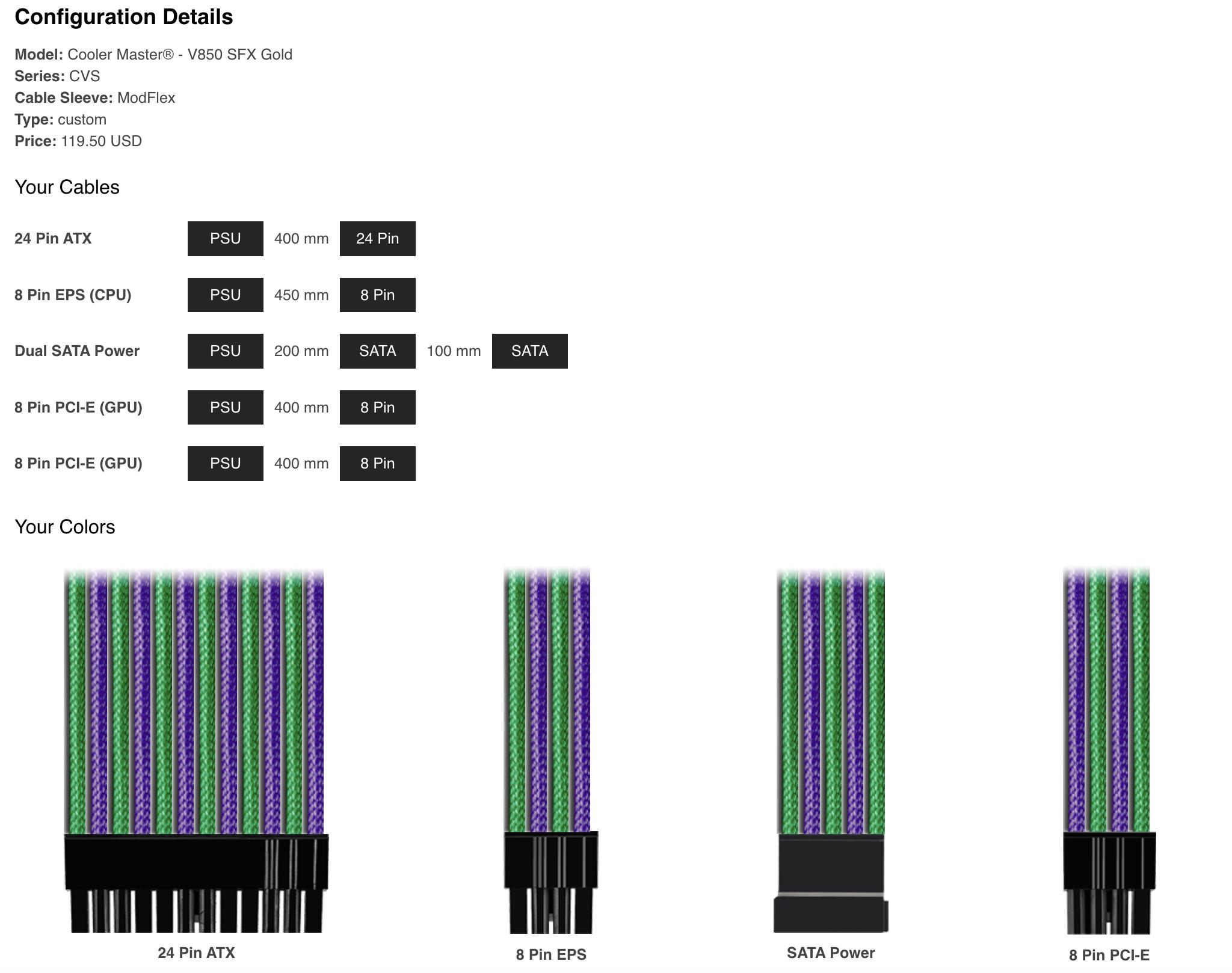 Custom Cable set for Cooler Master V850 SFX Gold