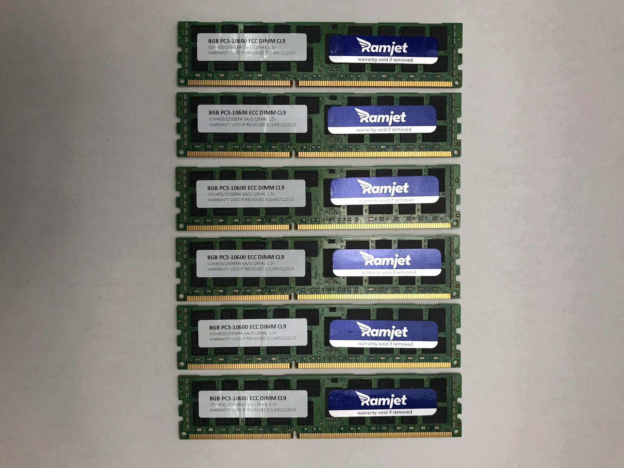 6x RAMJET ECC DDR3 8GB Sticks 8GB PC3-10600 ECC DIMM CL9  (40GB Combined)
