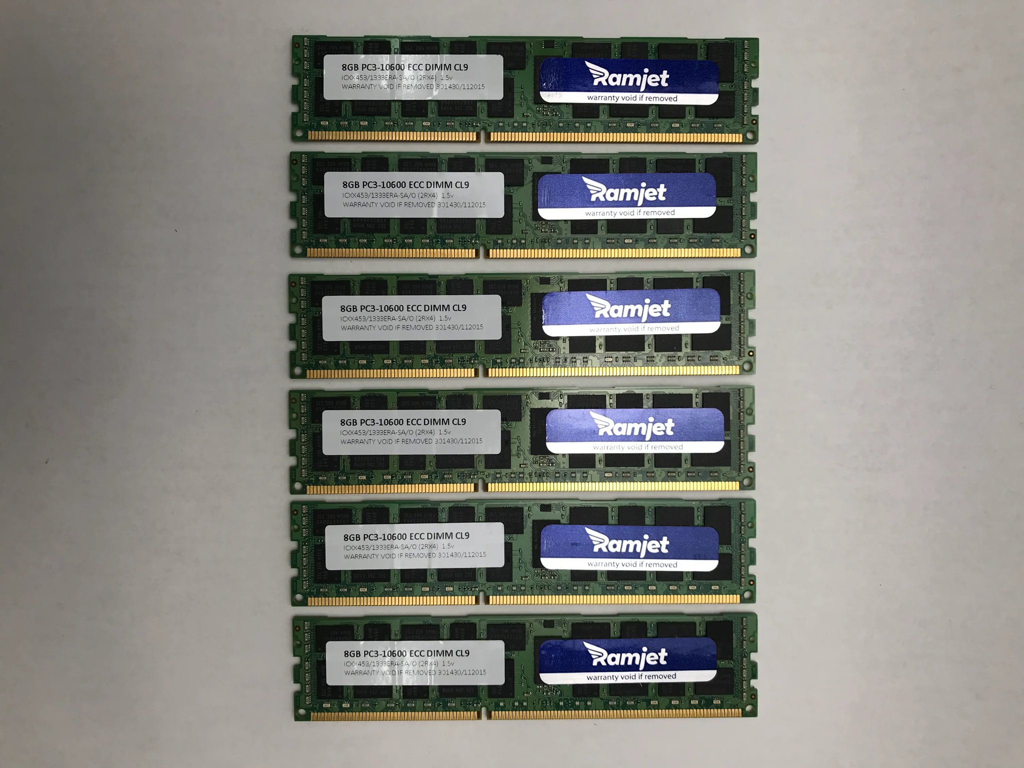 6x RAMJET ECC DDR3 8GB Sticks 8GB PC3-10600 ECC DIMM CL9  (40GB Combined)