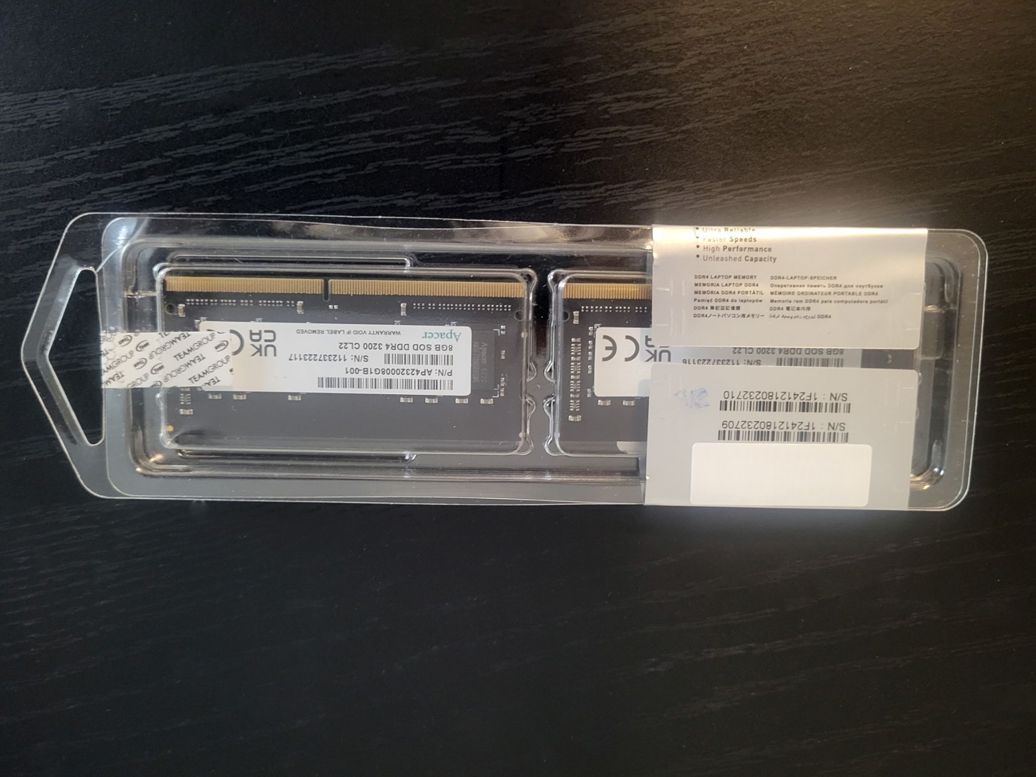 Two Apacer 8GB SODIMM Sticks of 3200MHZ Memory 16GB total
