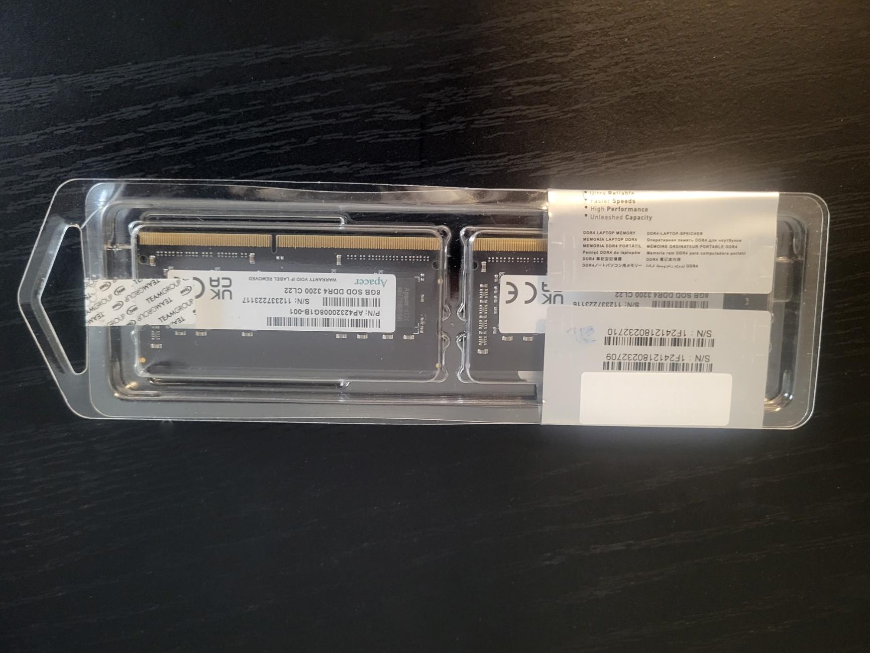 Two Apacer 8GB SODIMM Sticks of 3200MHZ Memory 16GB total