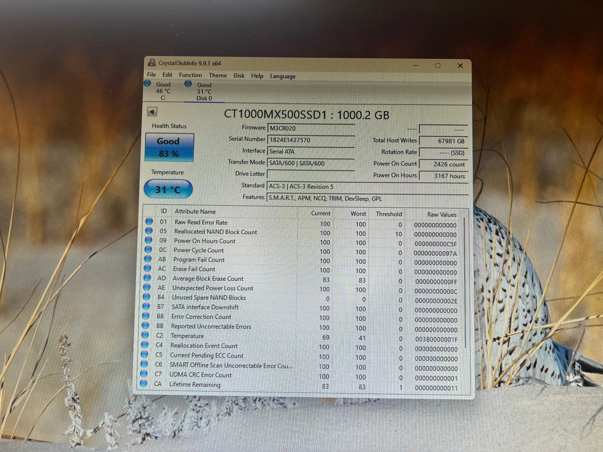 1TB Crucial MX500 SATA SSD with DRAM CACHE 83% HEALTH