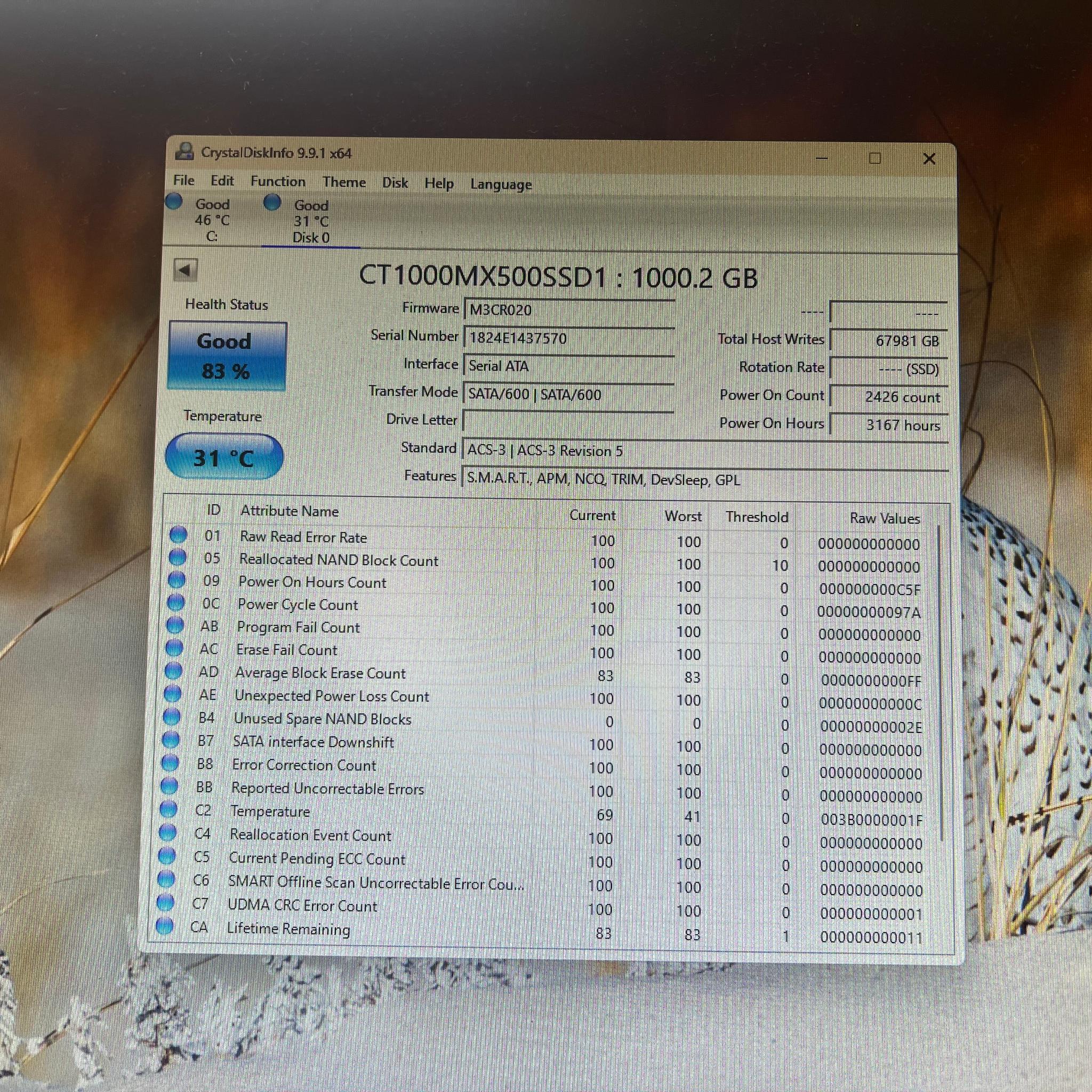 1TB Crucial MX500 SATA SSD with DRAM CACHE 83% HEALTH