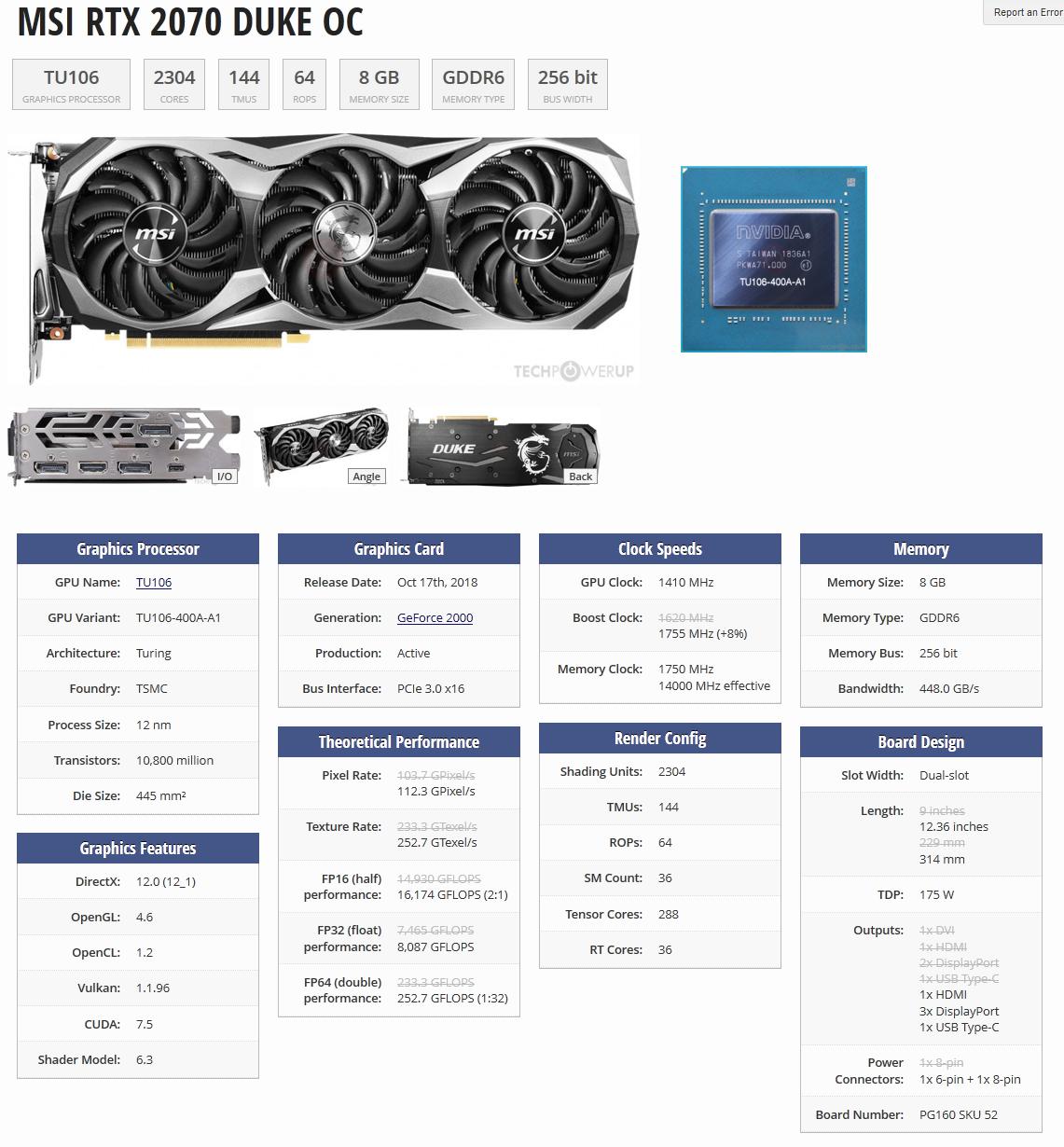 MSI GeForce RTX 2700 DUKE 8G OC 256-Bit GDDR6 PCI Express 3.0 x16 HDCP Ready Video Card