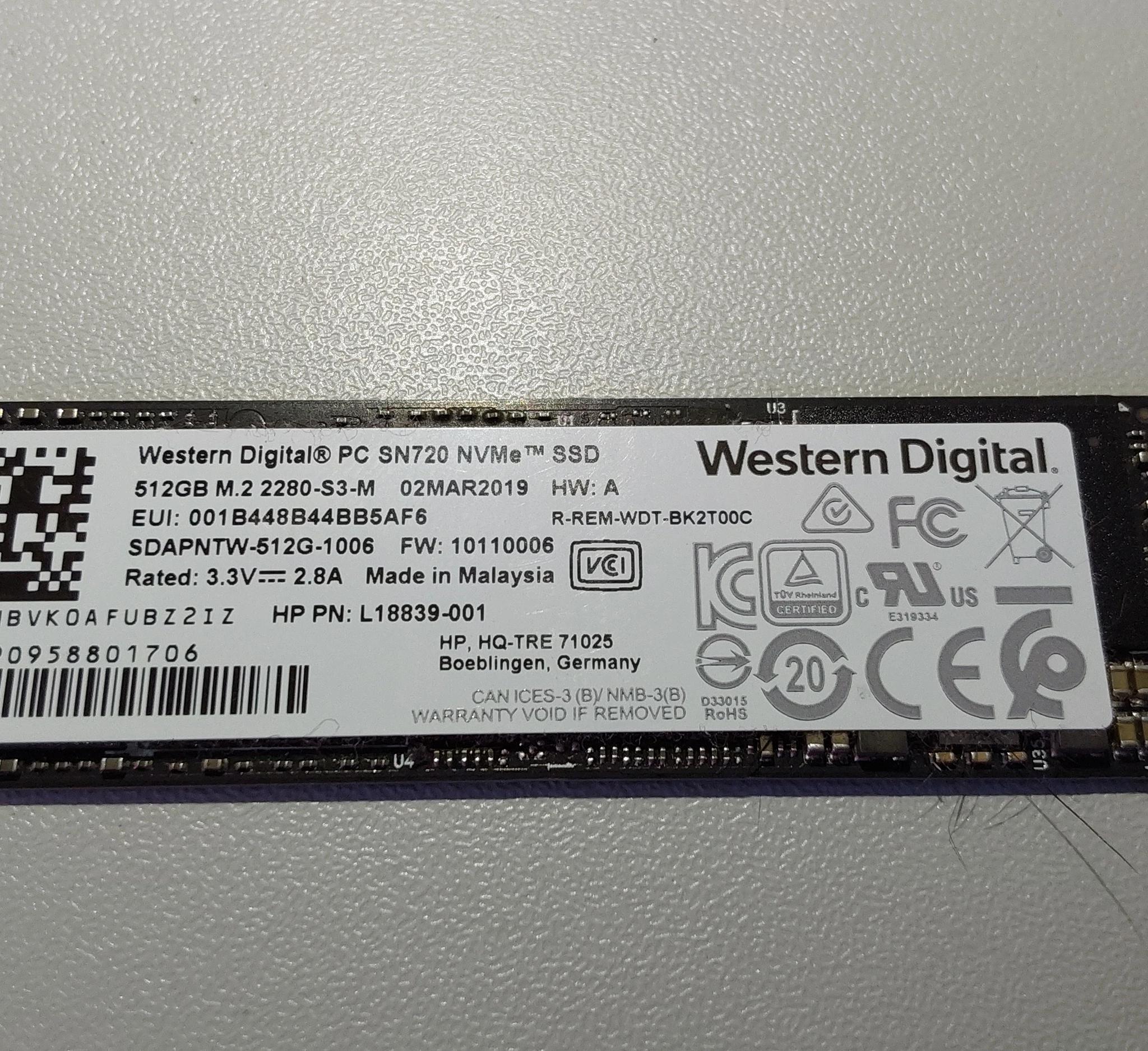 Western Digital PC SN720 NVMe 512GB SSD M.2 2280