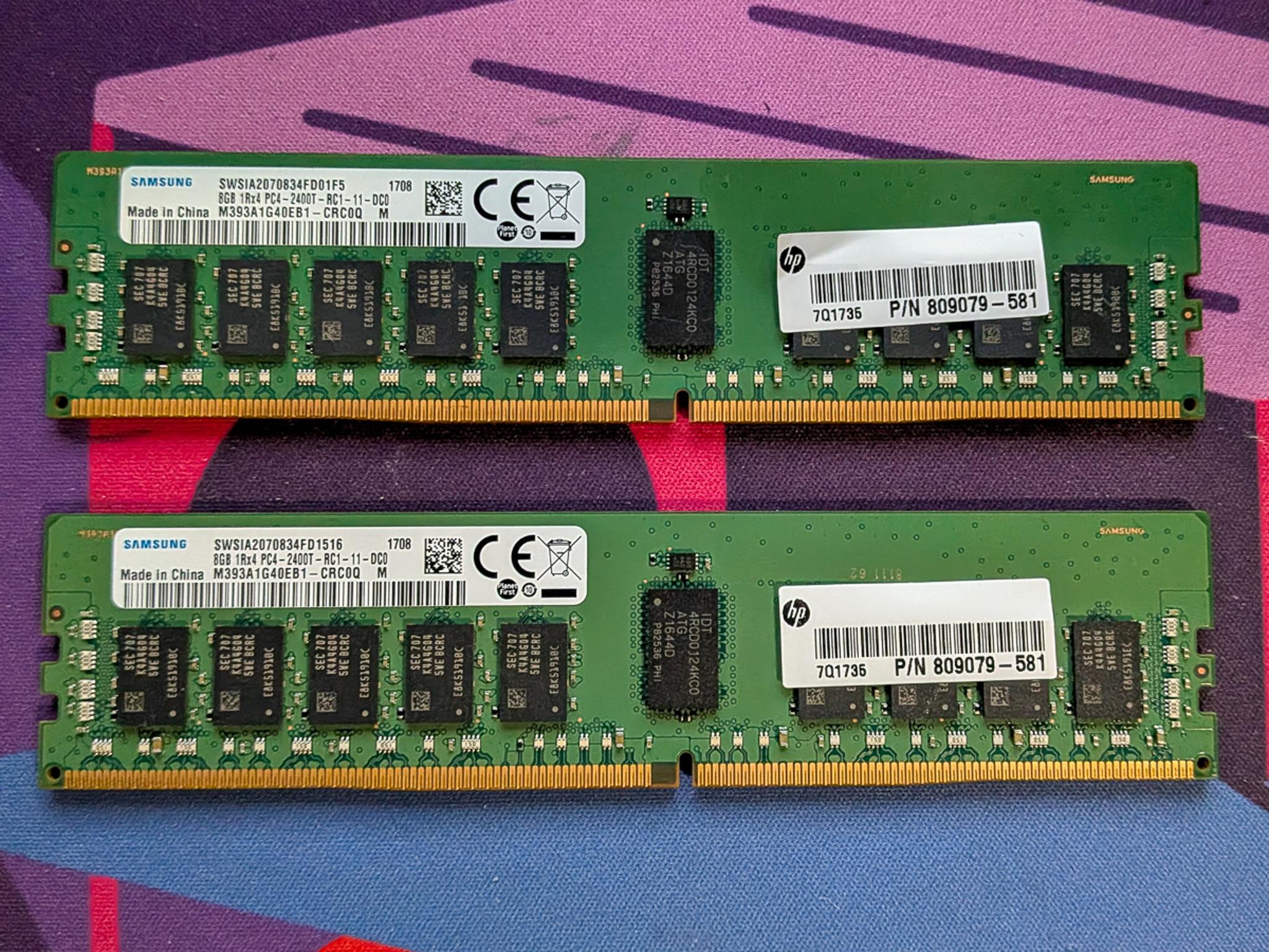 HP Samsung 16GB ECC DDR4 PC4-2400T 2x8GB M393A1G40EB Server Memory