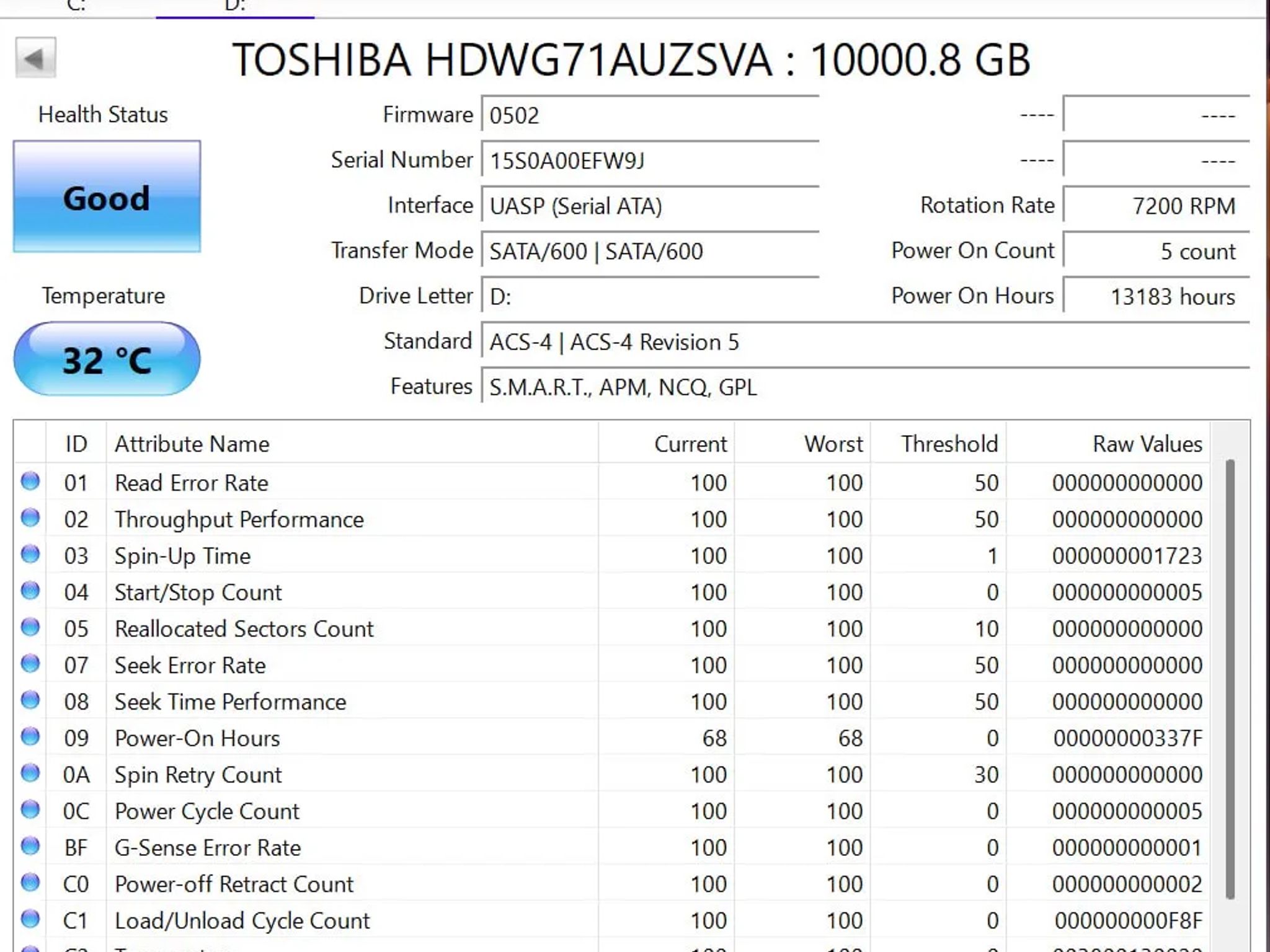 Toshiba N300 NAS 10TB HDDs - SMART Good
