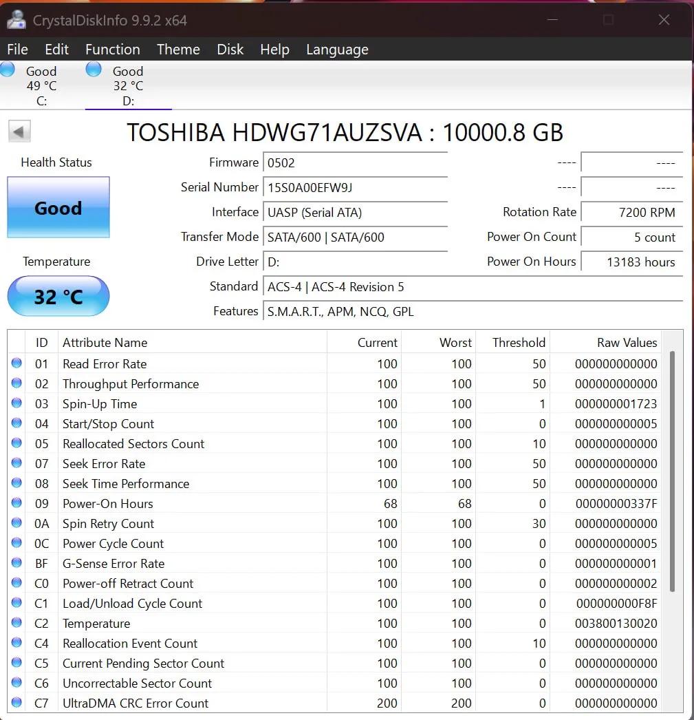 Toshiba N300 NAS 10TB HDDs - SMART Good