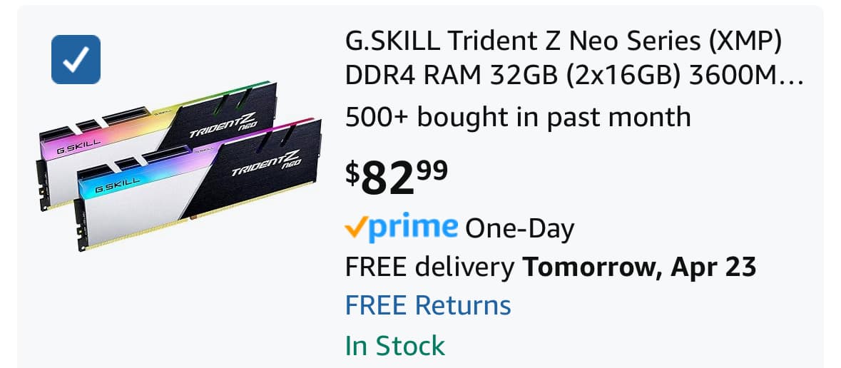 G.Skill 32GB (16GBx2) DDR4-3600, CL 16–19-19-39