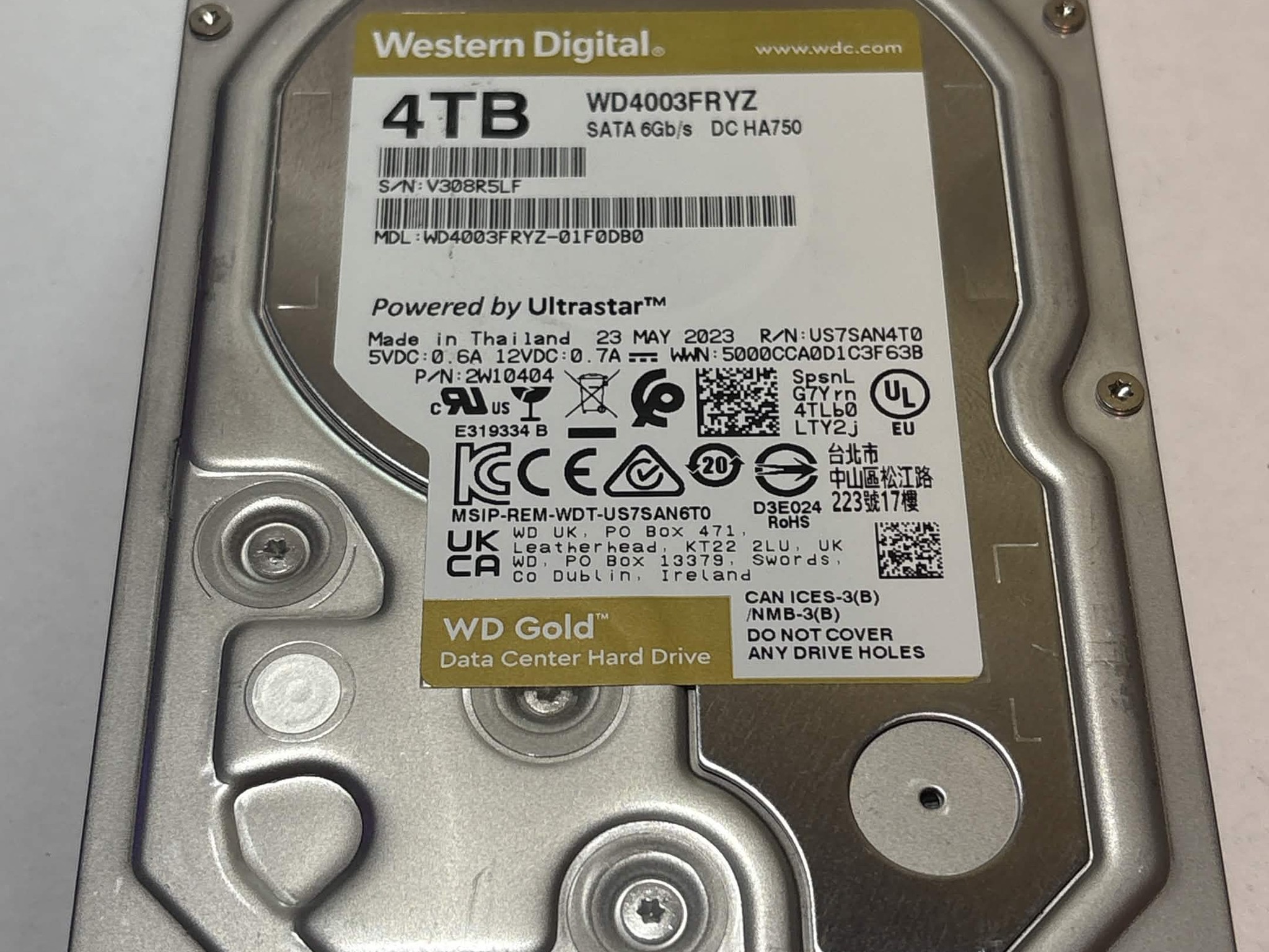 WD Gold 4TB WD4003FRYZ 7200RPM SATA Enterprise HDD – 17,946 Hours – SMART Good