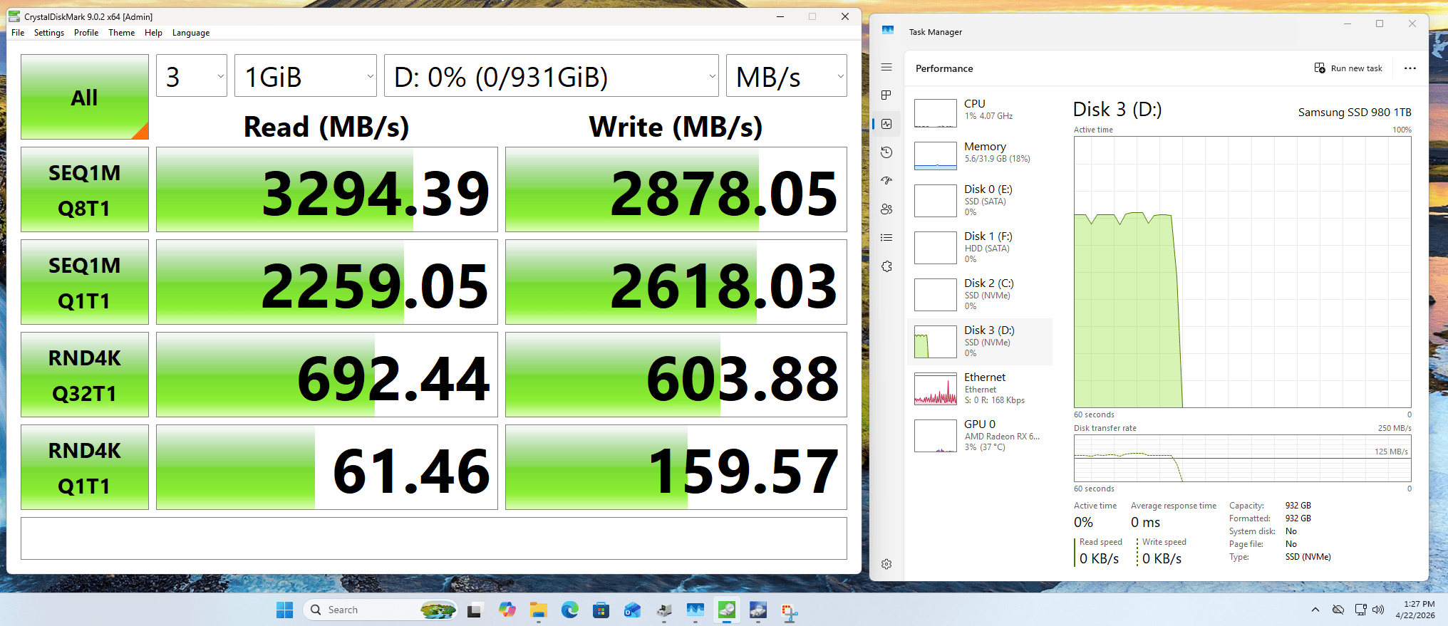 Samsung 980 1 TB M.2-2280, PCIe 3x4 NVMe