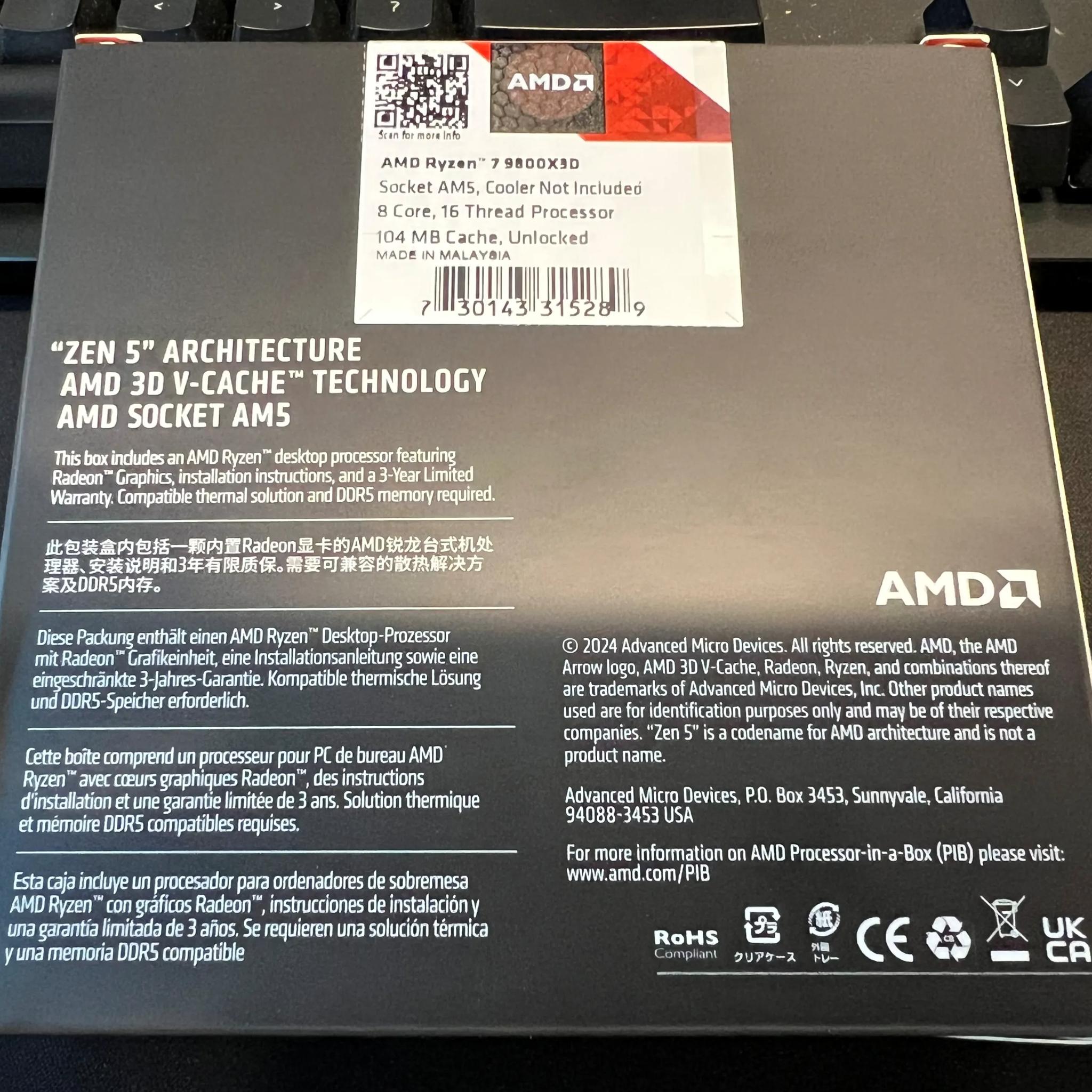 AMD RYZEN 7 9800X3D 8-Core, 16-Thread