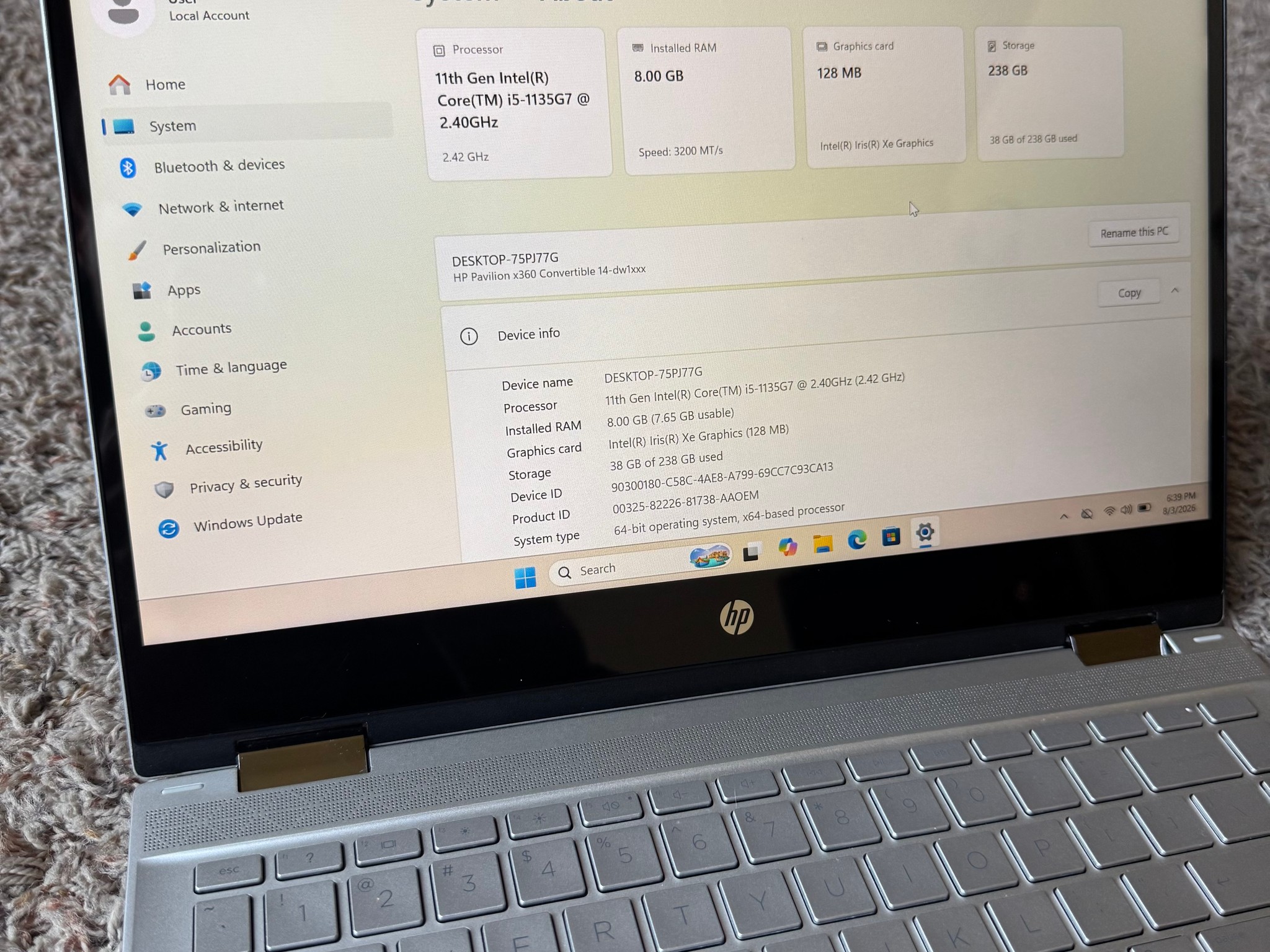 Hp pavilion x360 convertible 14 inch Intel i5 11th gen 8GB ddr4 ram, 256gb ssd storage, touch screen