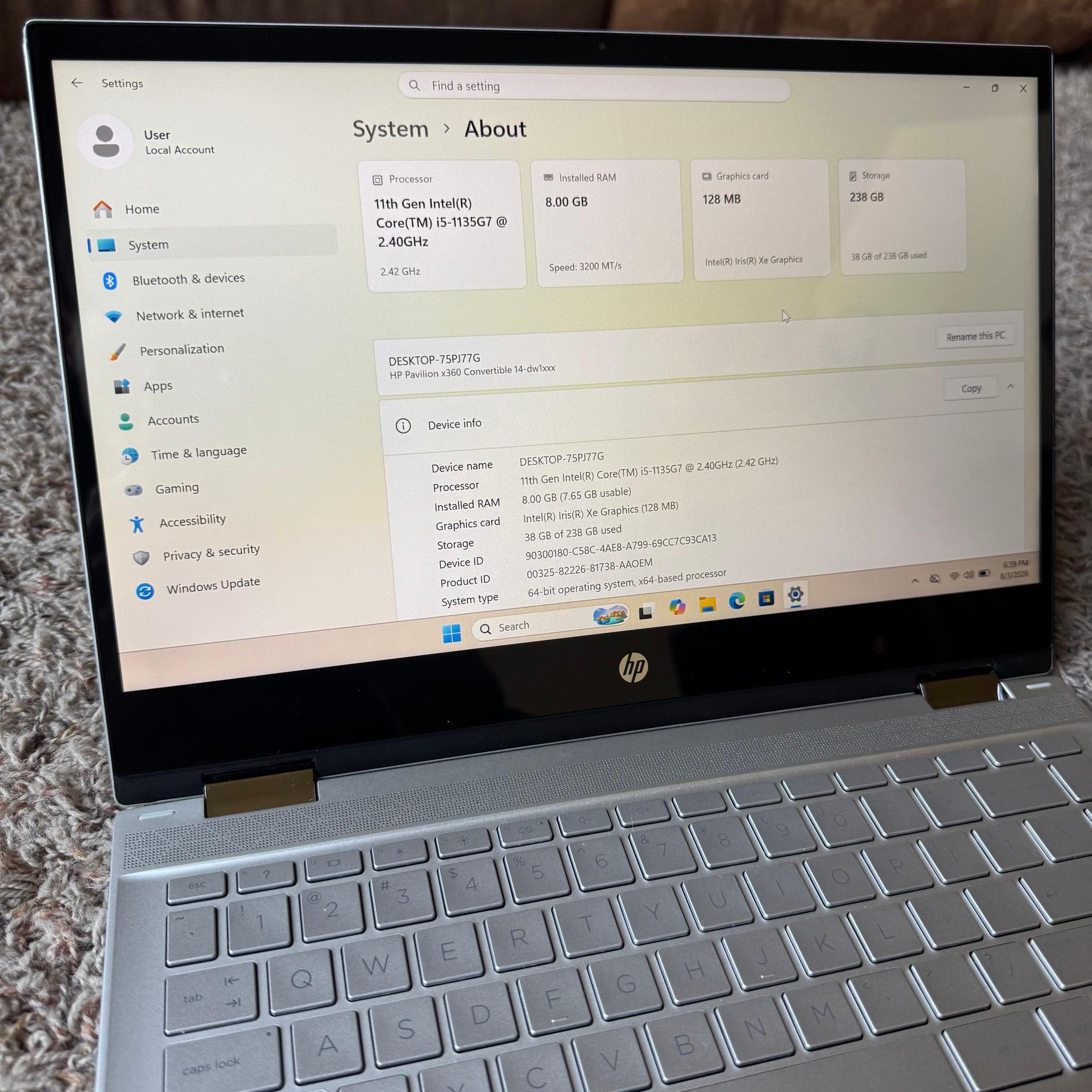 Hp pavilion x360 convertible 14 inch Intel i5 11th gen 8GB ddr4 ram, 256gb ssd storage, touch screen