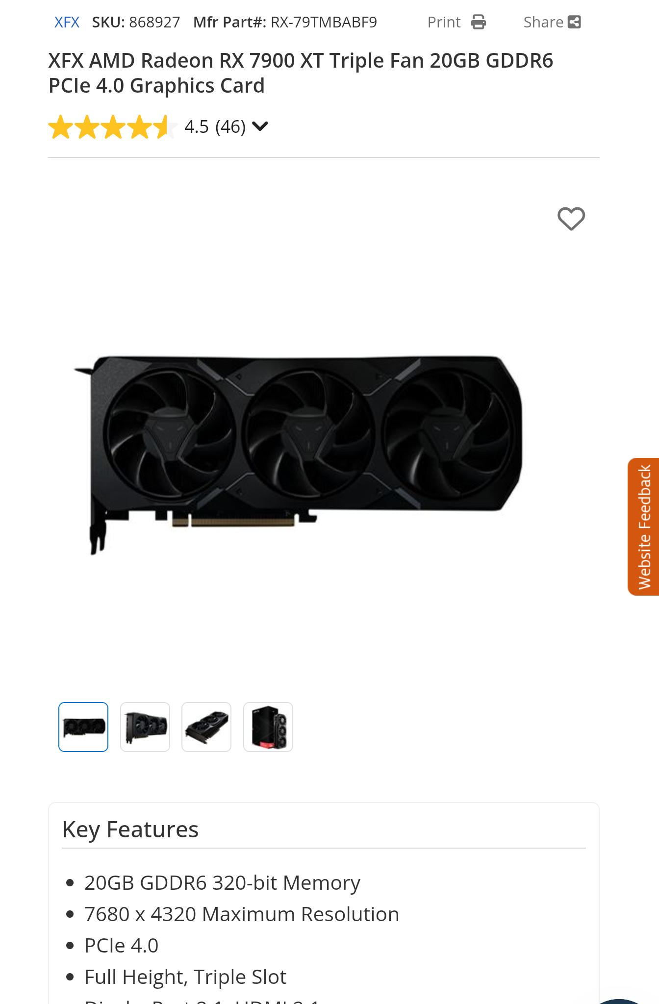 For Sale! XFX AMD Radeon RX 7900 XT Triple Fan 20GB GDDR6 PCIe 4.0 Graphics Card