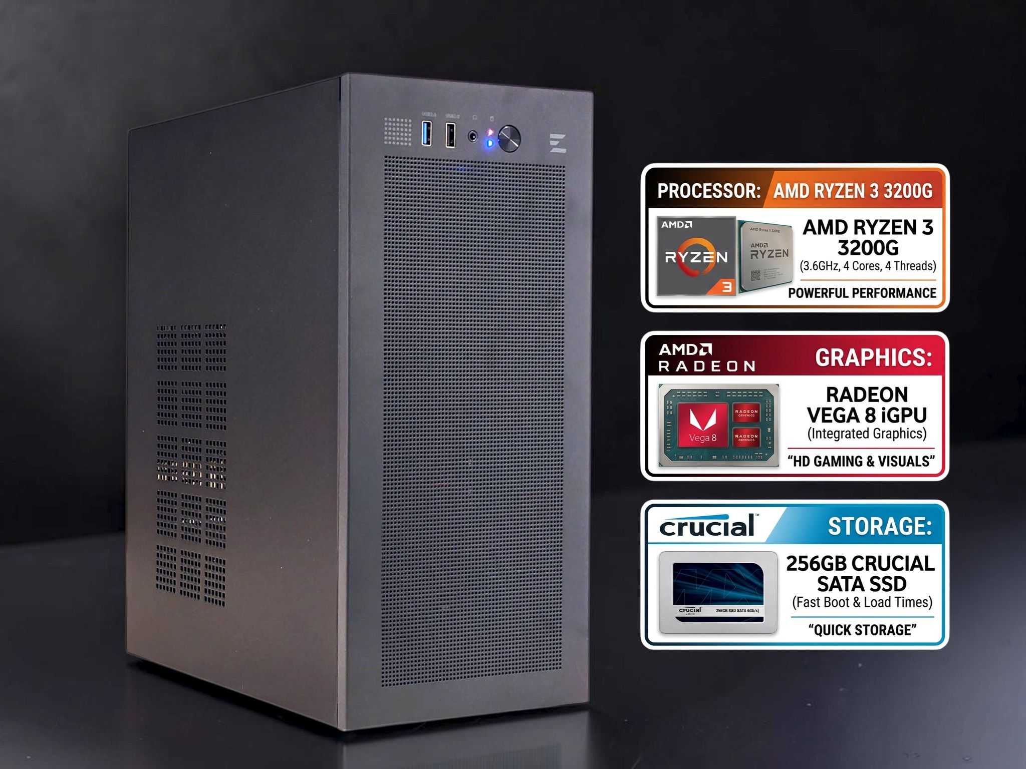 Ultra Budget iGPU PC | AMD Ryzen 3200G, 16GB DDR-4 RAM, Vega 8 iGPU, 256GB SSD, WIFI, Win 11 Pro