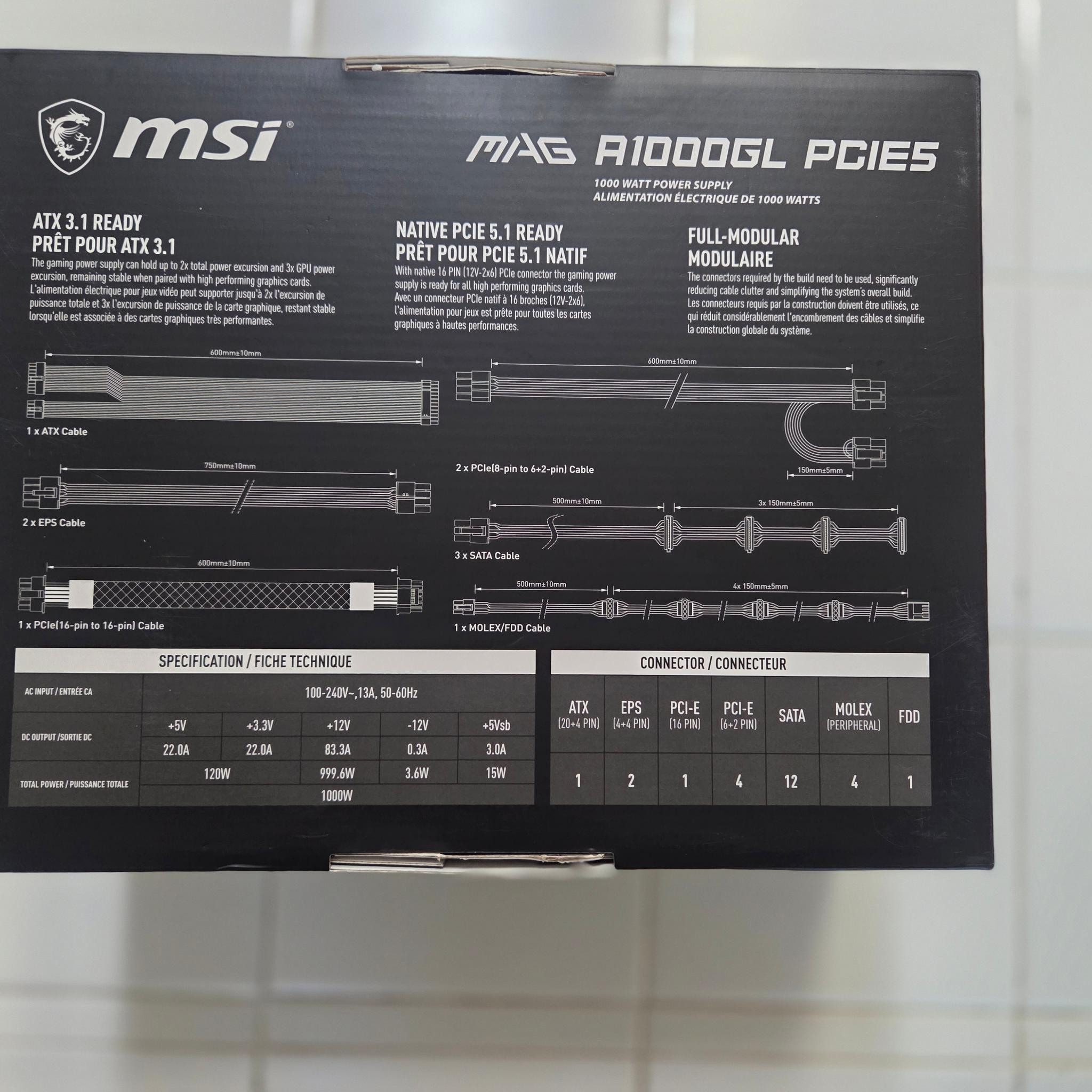 "Open Box" MSI MAG A1000GL PCIE5 1000W 80+ Gold PSU (Complete w/ Box & Receipt)