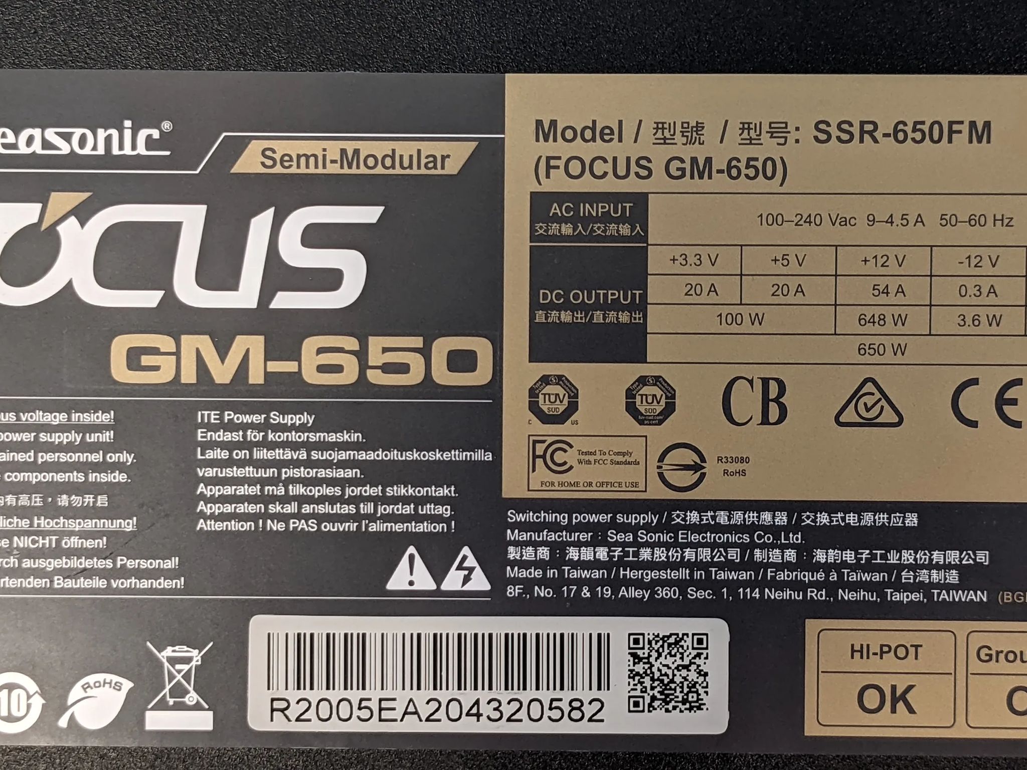 SeaSonic Focus GM-650 650W Semi-Modular 80 PLUS Gold ATX Desktop Power Supply SSR-650FM