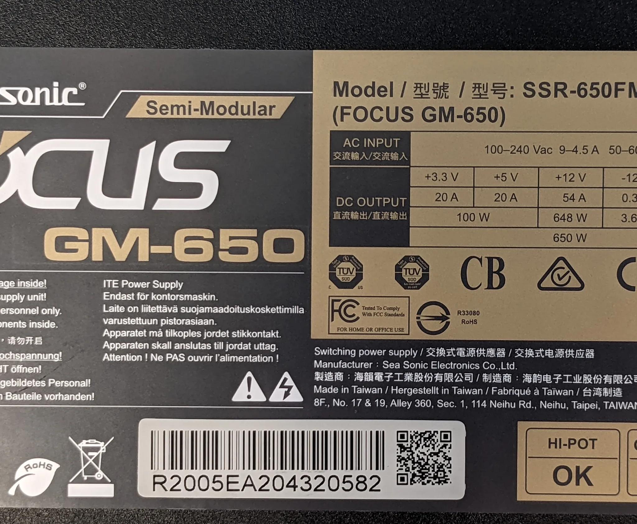 SeaSonic Focus GM-650 650W Semi-Modular 80 PLUS Gold ATX Desktop Power Supply SSR-650FM