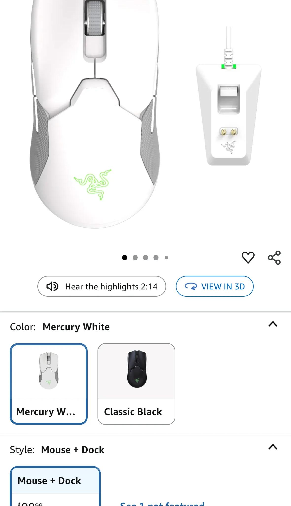 Razer Viper Ultimate Lightweight Wireless Gaming Mouse & RGB Charging Dock - White
