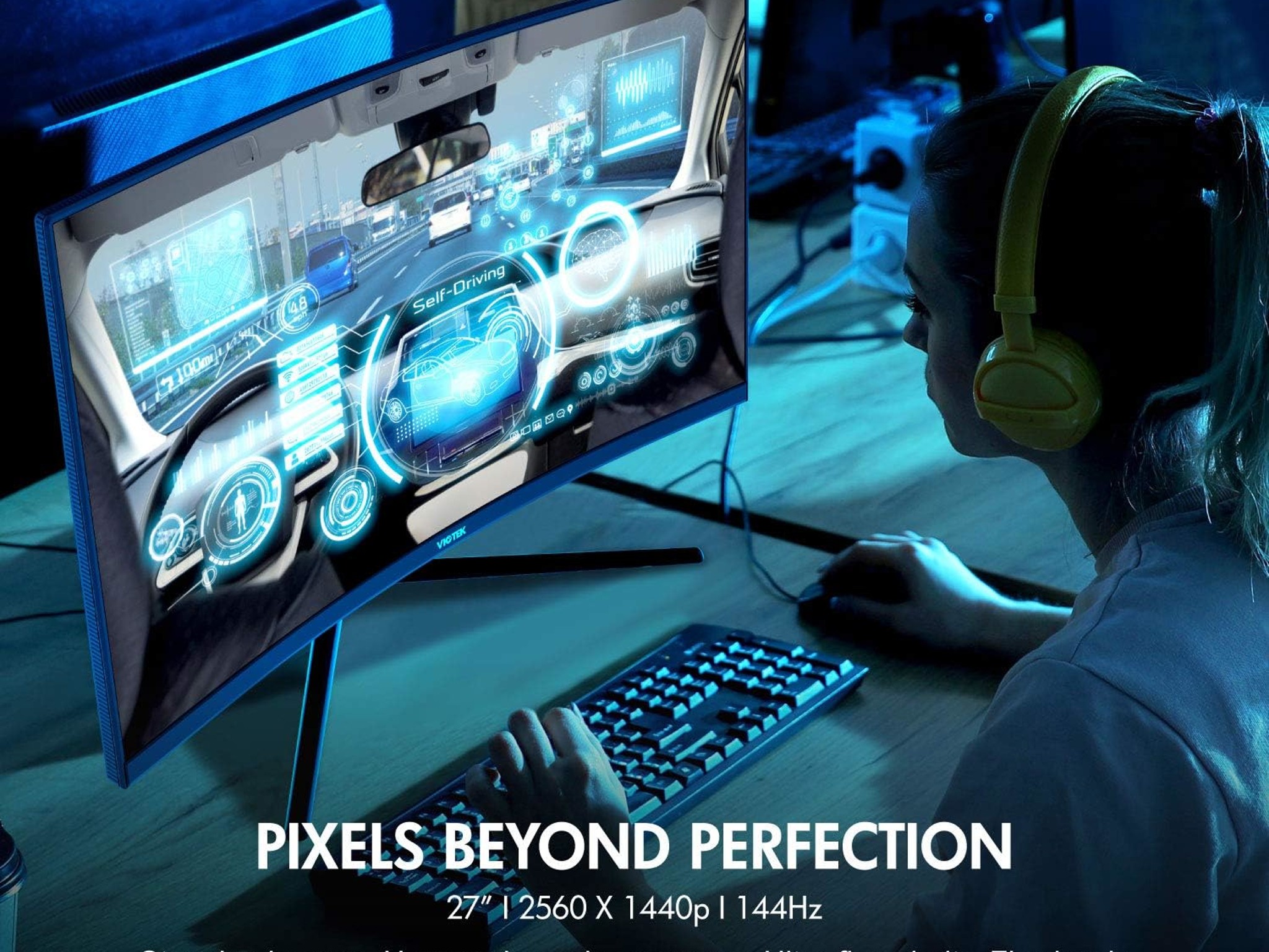 VIOTEK 27" 2560x1440p 144Hz Curved Gaming Monitor QHD Widescreen FreeSync G-Sync
