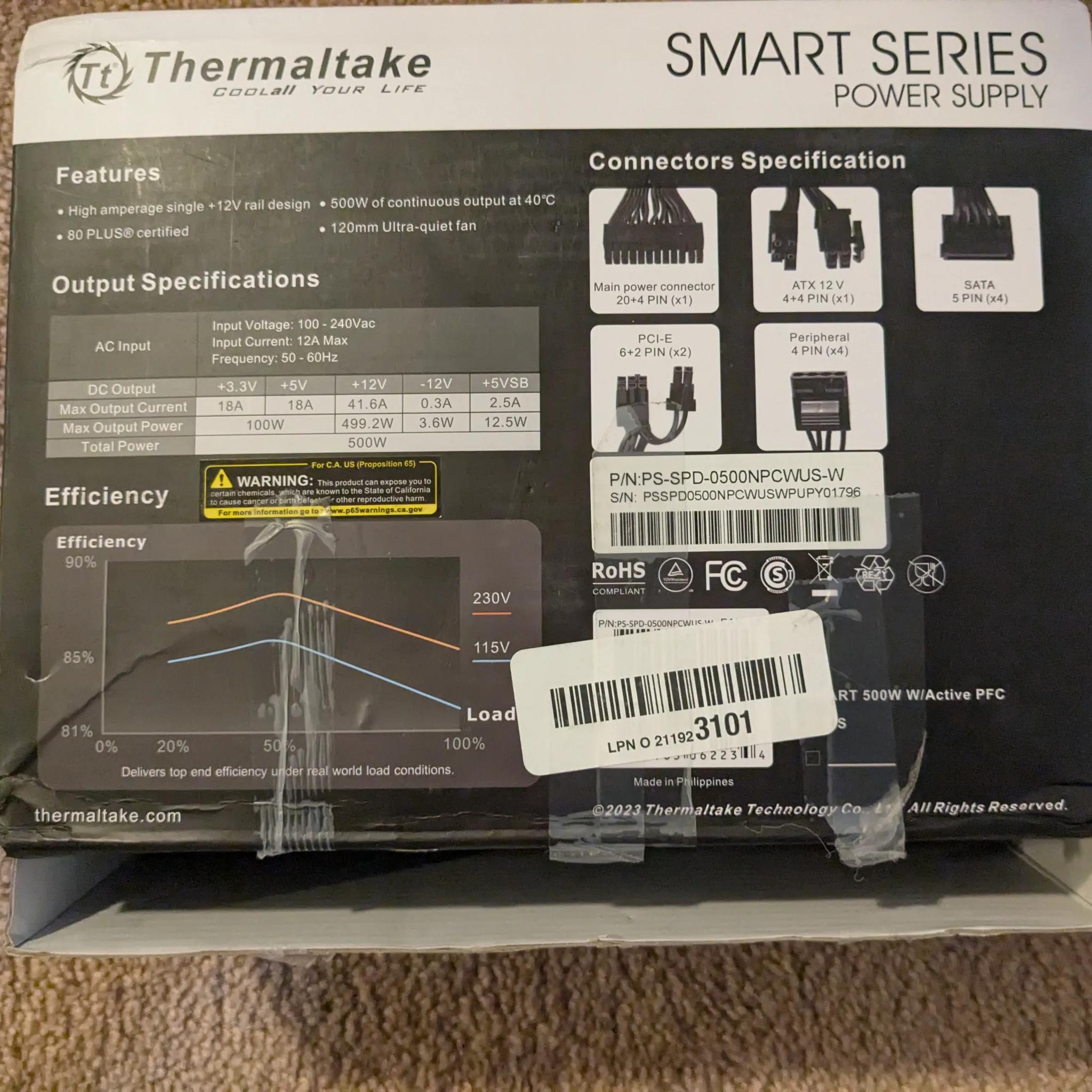Lot of two thermaltake smart 500 w power supplies. Four parts are not working