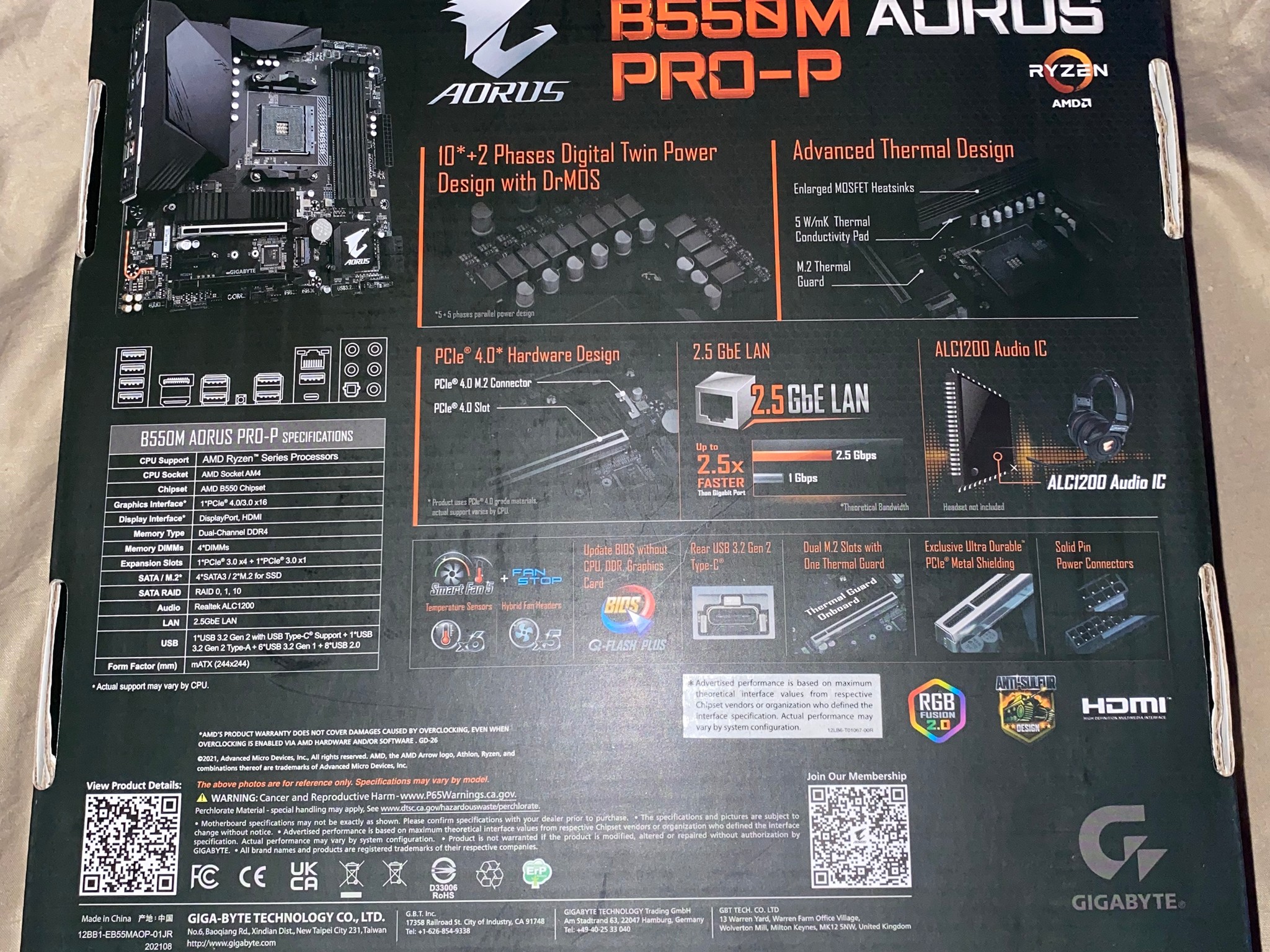 Gigabyte Aorus B550M Pro-P M-ATX AM4 Motherboard - w/ free ssd heat sink- Used 1 month - Bios F14