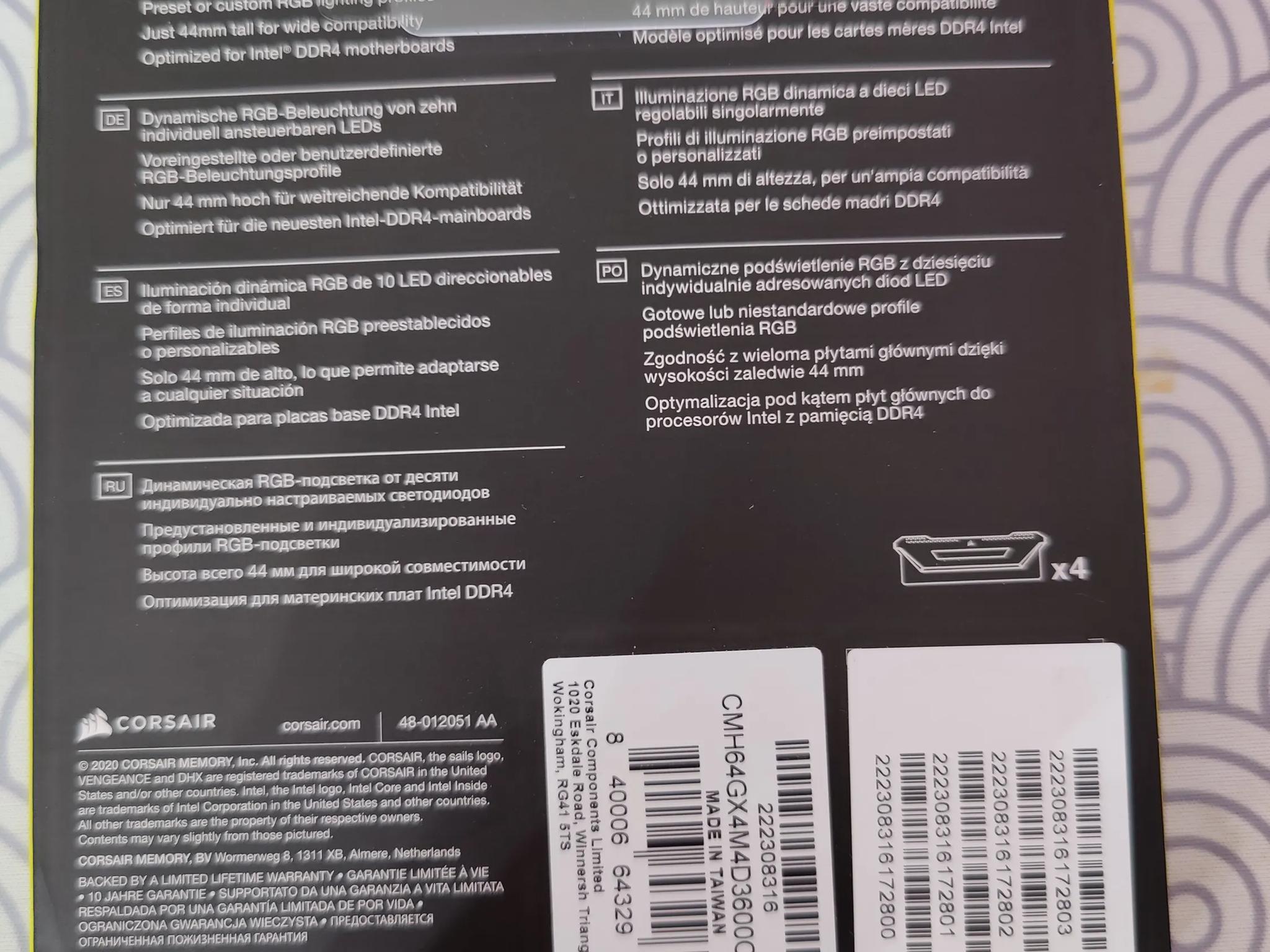 Corsair vengeance RGB Pro SL DDR4 3600MHZ 64GB white