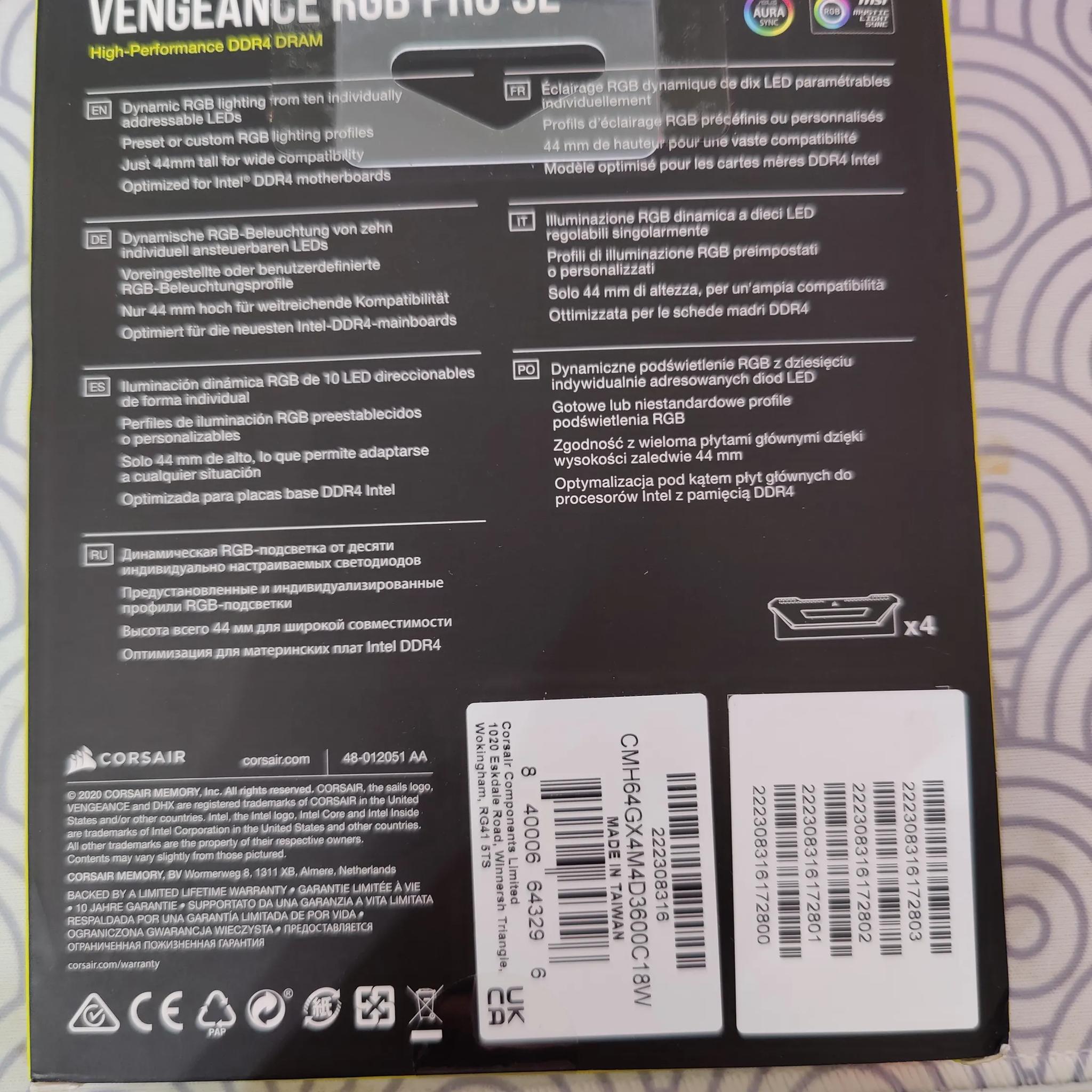 Corsair vengeance RGB Pro SL DDR4 3600MHZ 64GB white