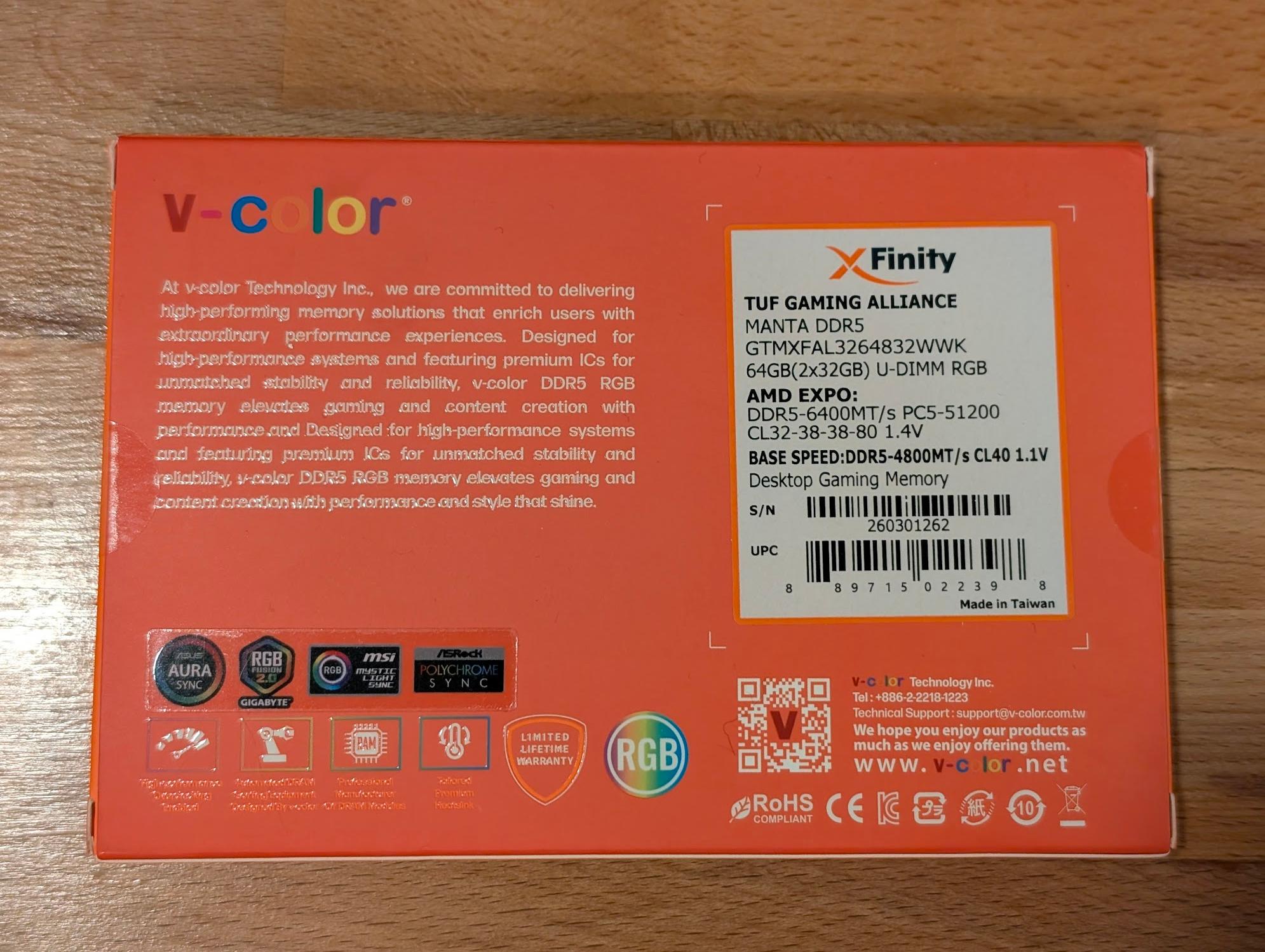 BNIB: V-COLOR Manta XFinity DDR5 64GB (32GBx2) 6400MHz CL32
