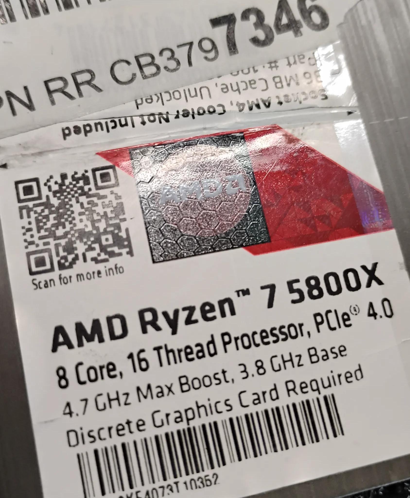 AMD Ryzen 7 5800X Unlocked 7nm Processor 8 cores 16 threads 3.8GHz base 4.7GHz boost 32MB L3 AM4 CPU