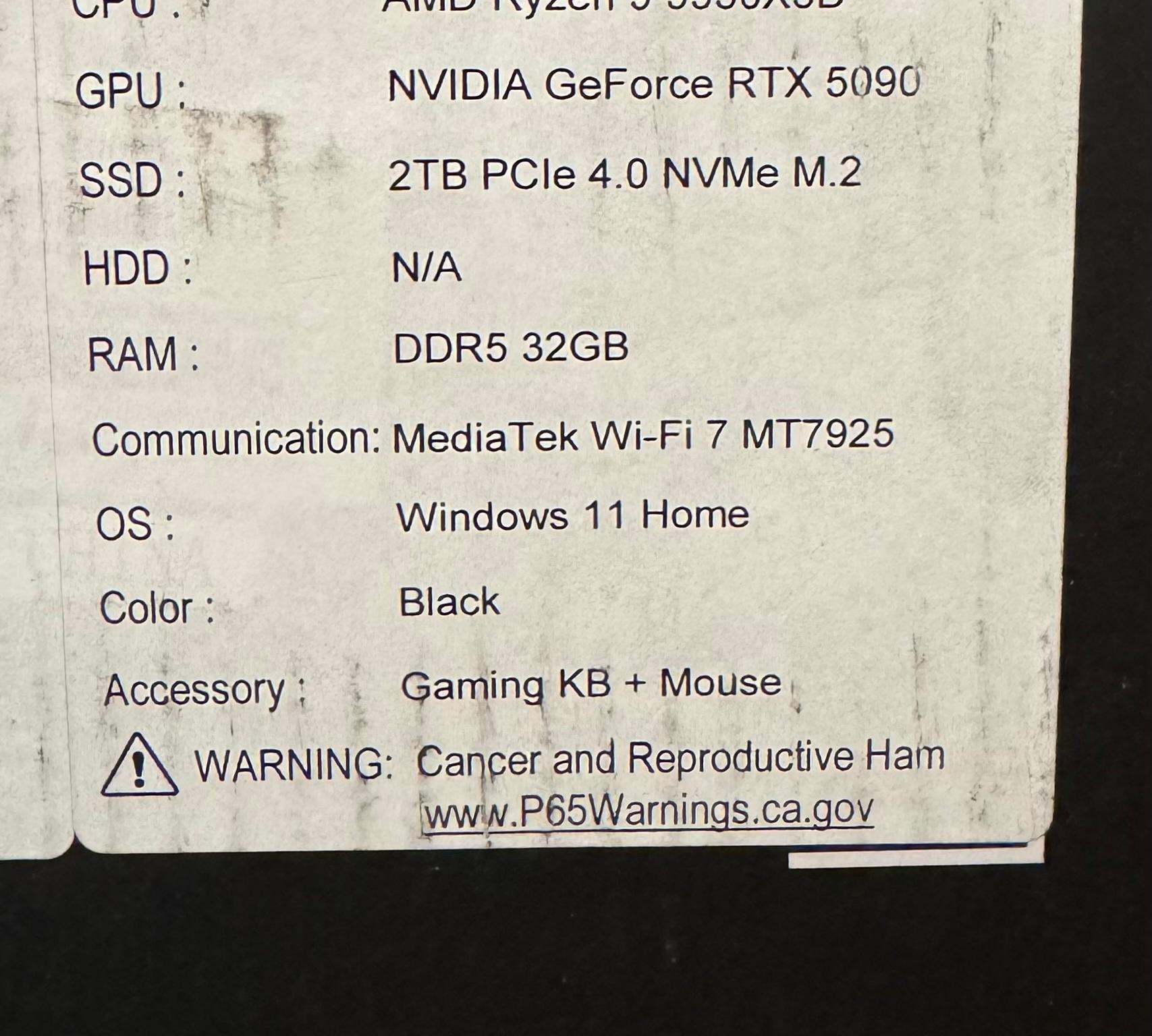 RTX 5090 / Ryzen 9 9950x3d / 32GB DDR5 / 2Tb SSD / Brand new build with 10 month warranty