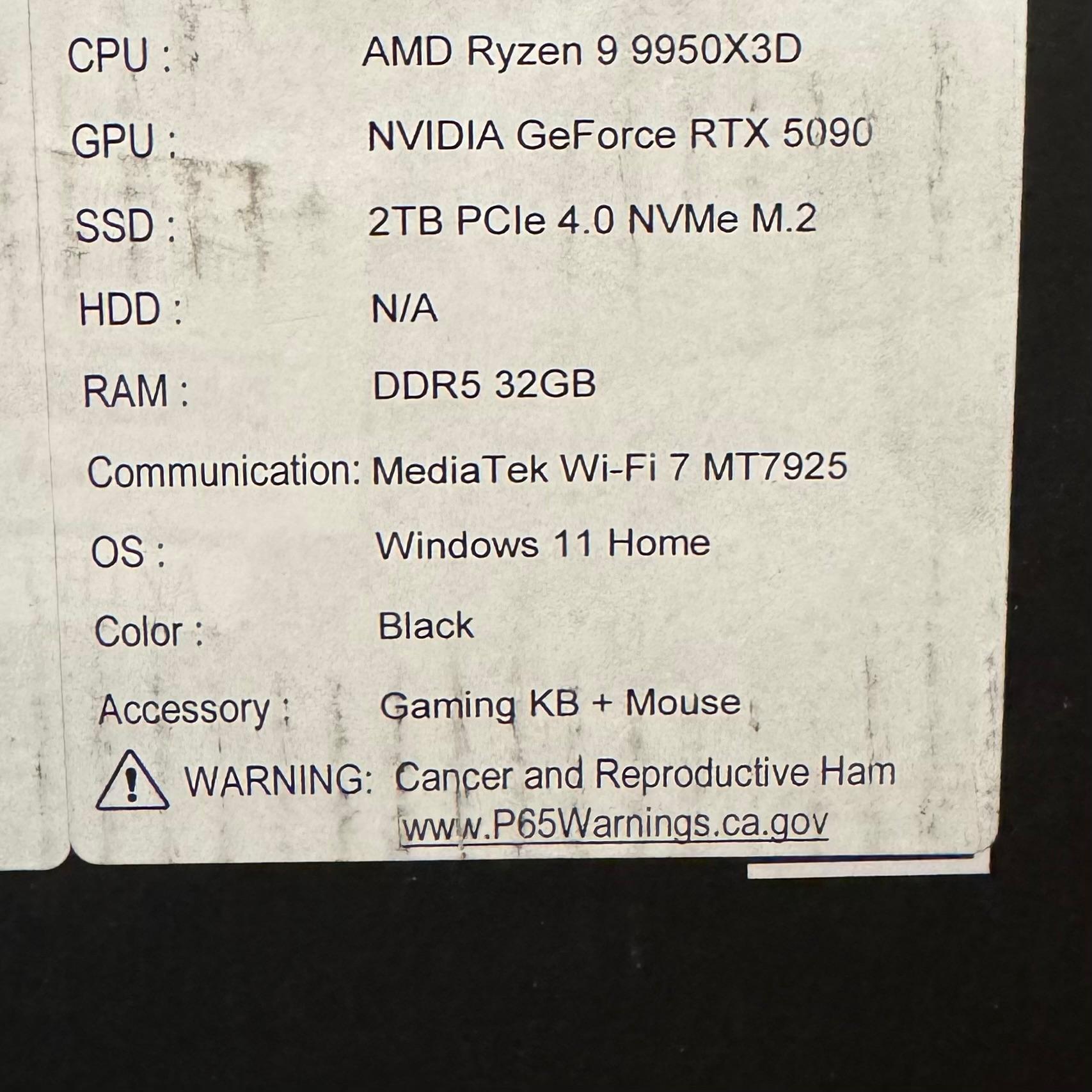 RTX 5090 / Ryzen 9 9950x3d / 32GB DDR5 / 2Tb SSD / Brand new build with 10 month warranty