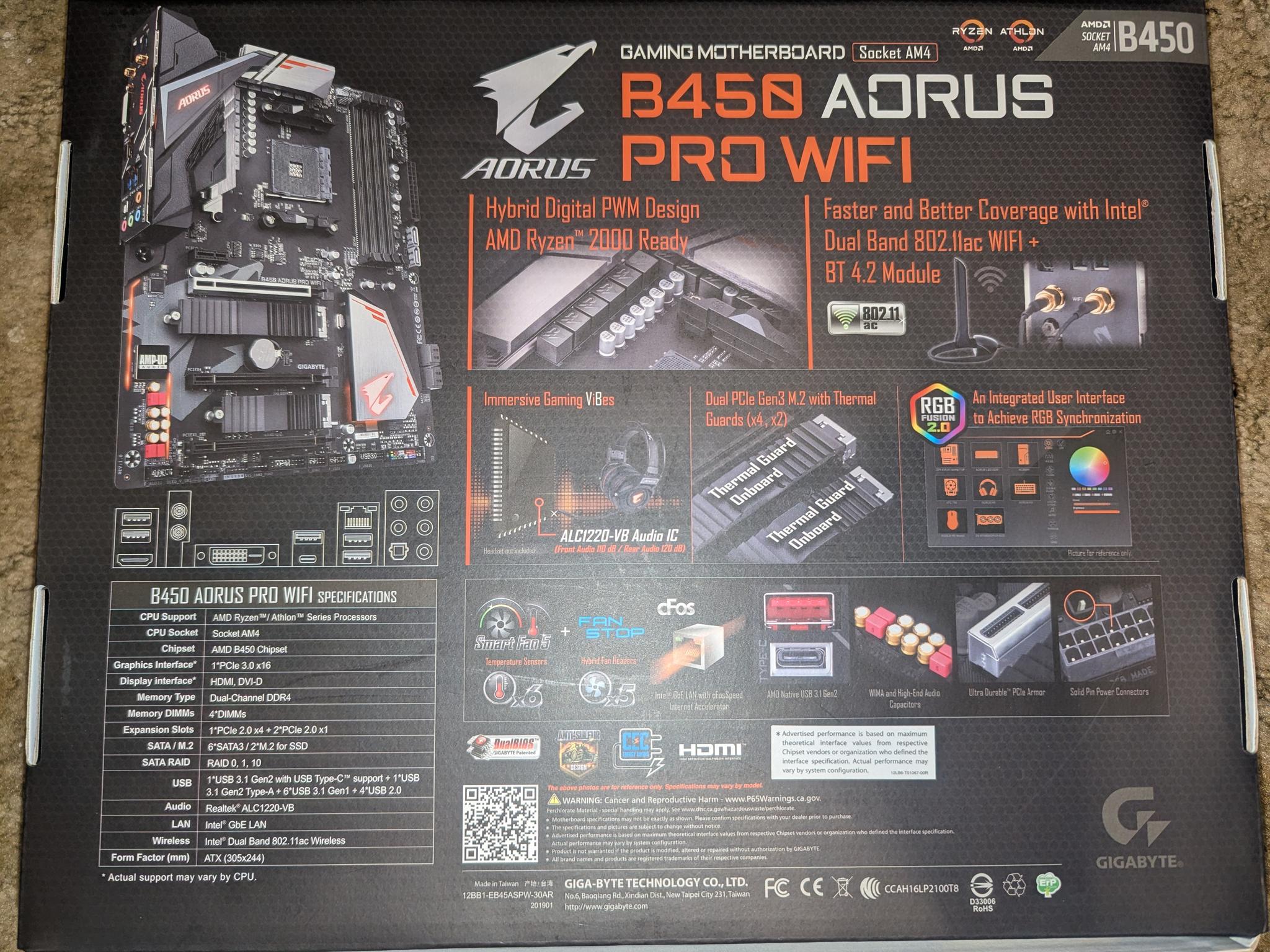 Gigabyte B450 Aorus Pro Wifi with Ryzen 2600x CPU