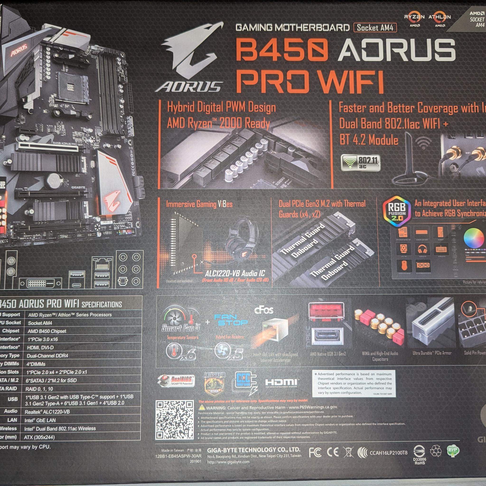 Gigabyte B450 Aorus Pro Wifi with Ryzen 2600x CPU