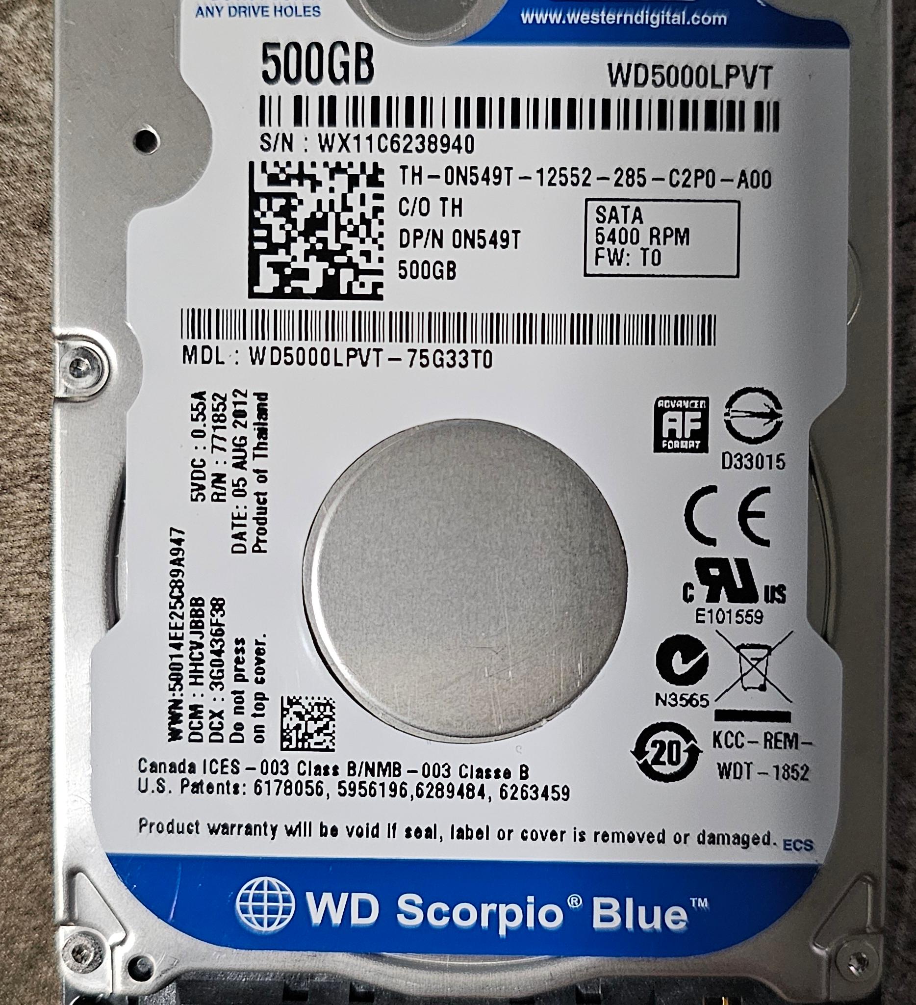 WD Scorpio Blue 500GB SATAII 2.5"x9mm 5400RPM HDD