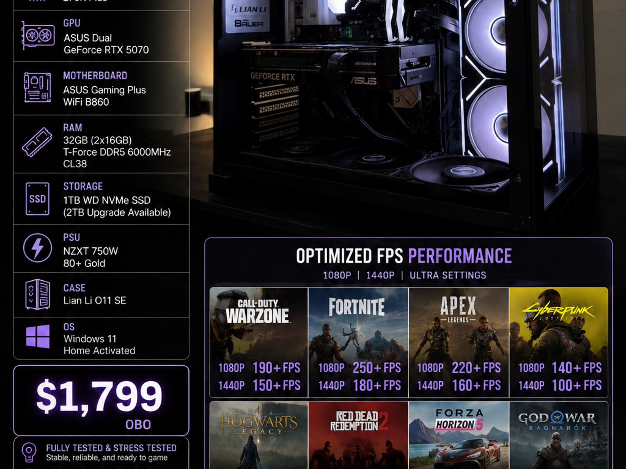 🔥 High-End Gaming PC – RTX 5070 | Core Ultra 7 270K Plus | 32GB DDR5 | 1 TB NVMe🔥