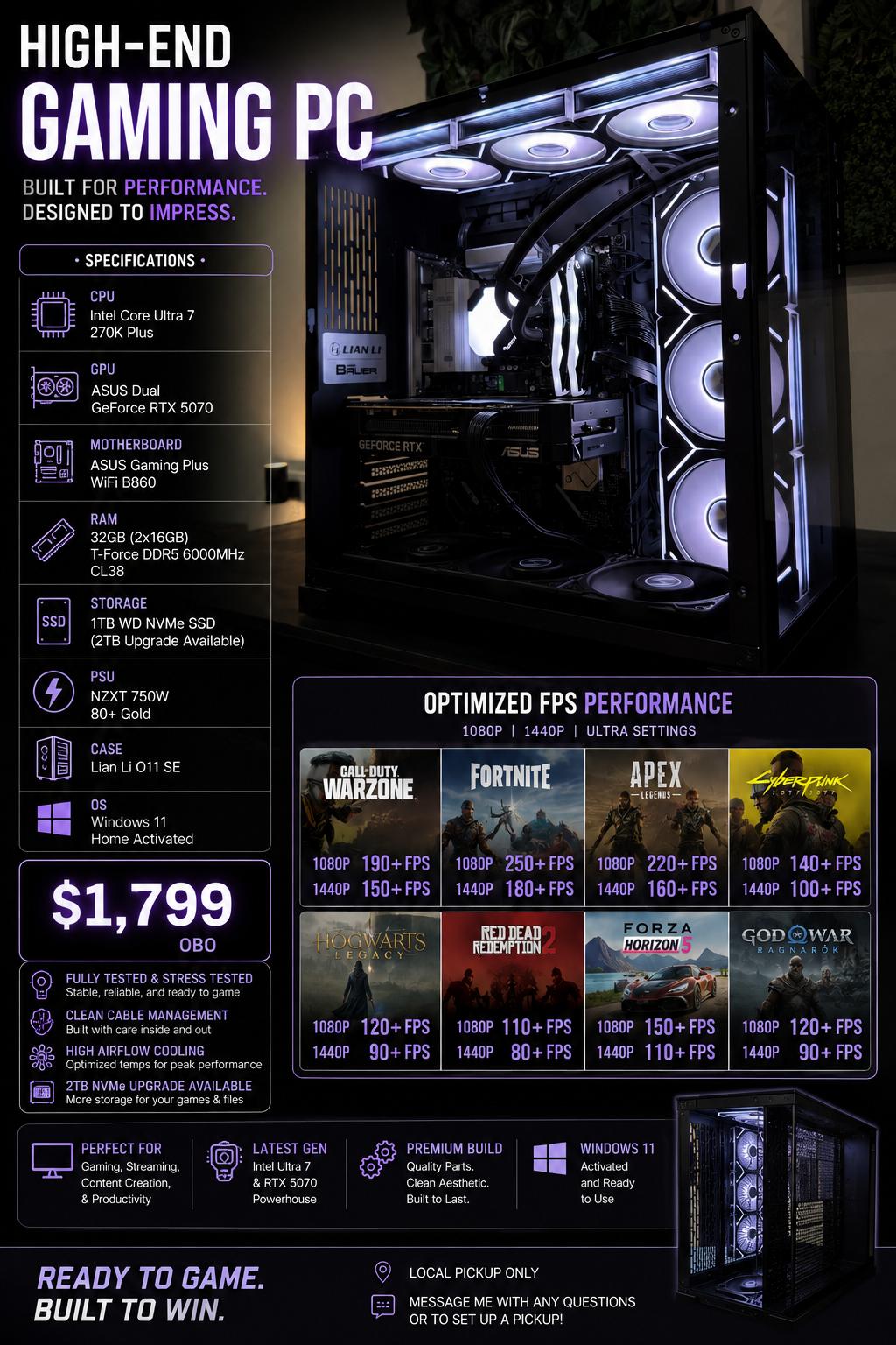 🔥 High-End Gaming PC – RTX 5070 | Core Ultra 7 270K Plus | 32GB DDR5 | 1 TB NVMe🔥