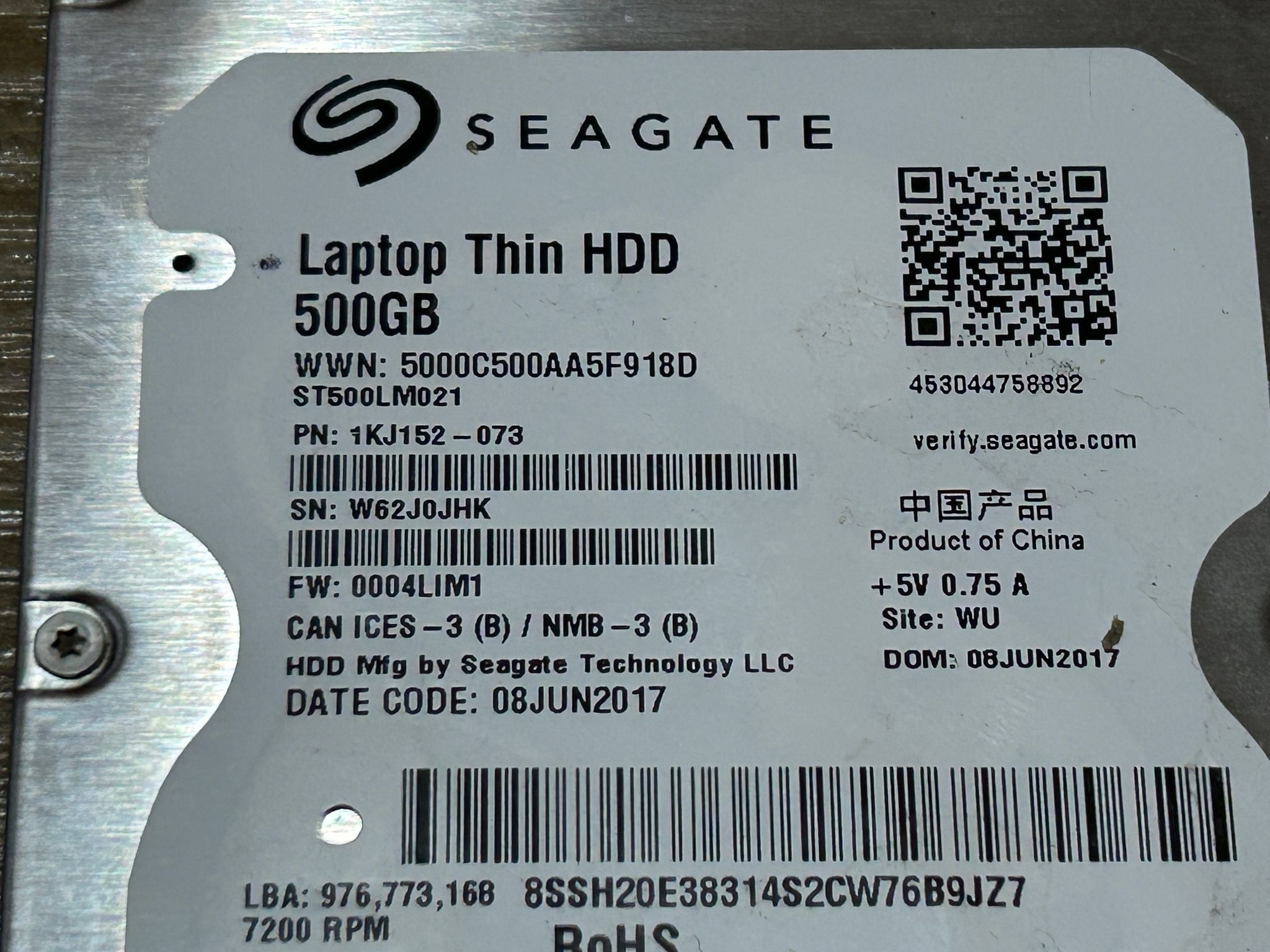 Seagate ST500LM021 500GB 2.5" 6Gb/s  7.2K RPM SATA HDD P/N: 1KJ152-073