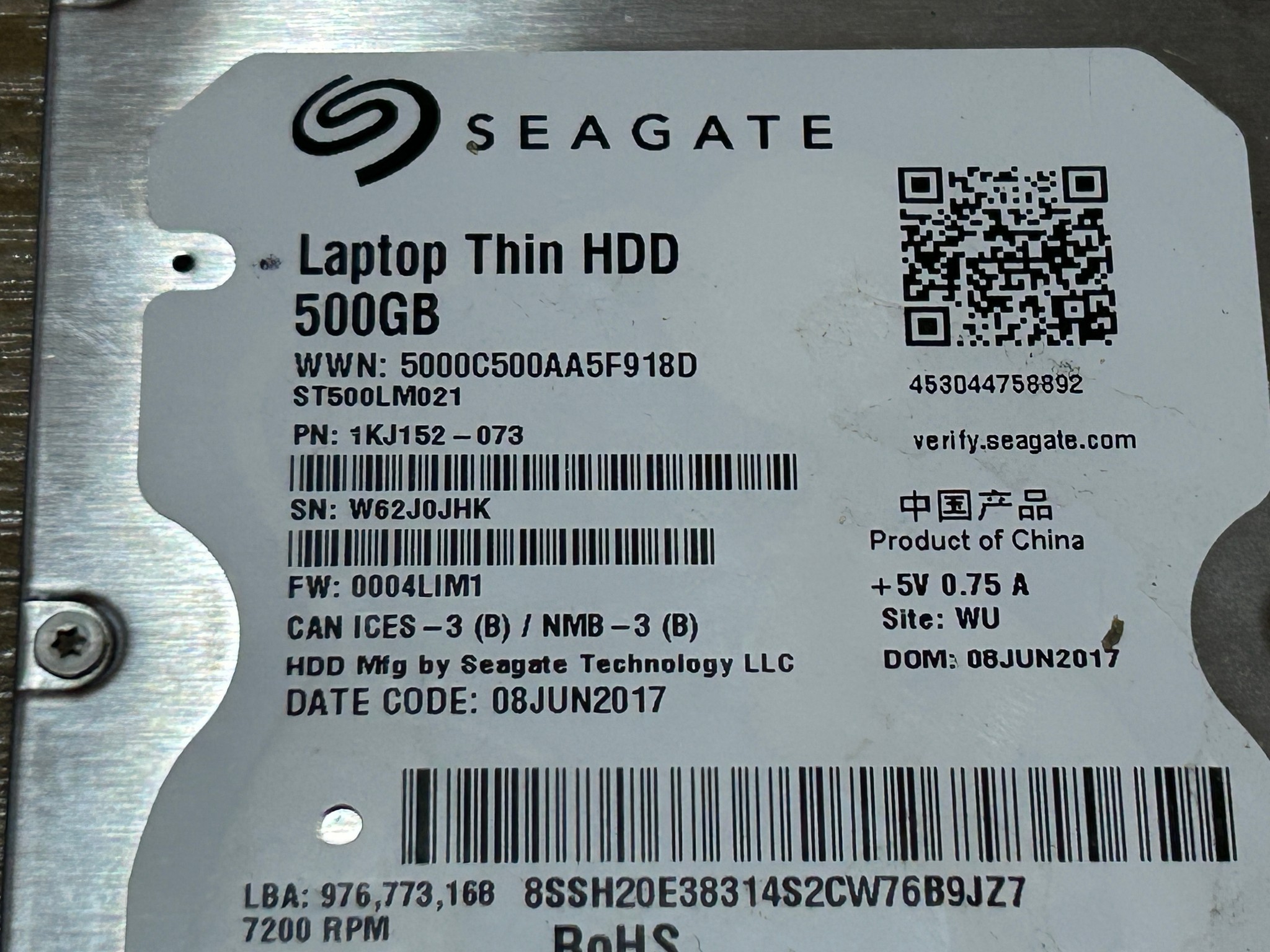 Seagate ST500LM021 500GB 2.5" 6Gb/s  7.2K RPM SATA HDD P/N: 1KJ152-073