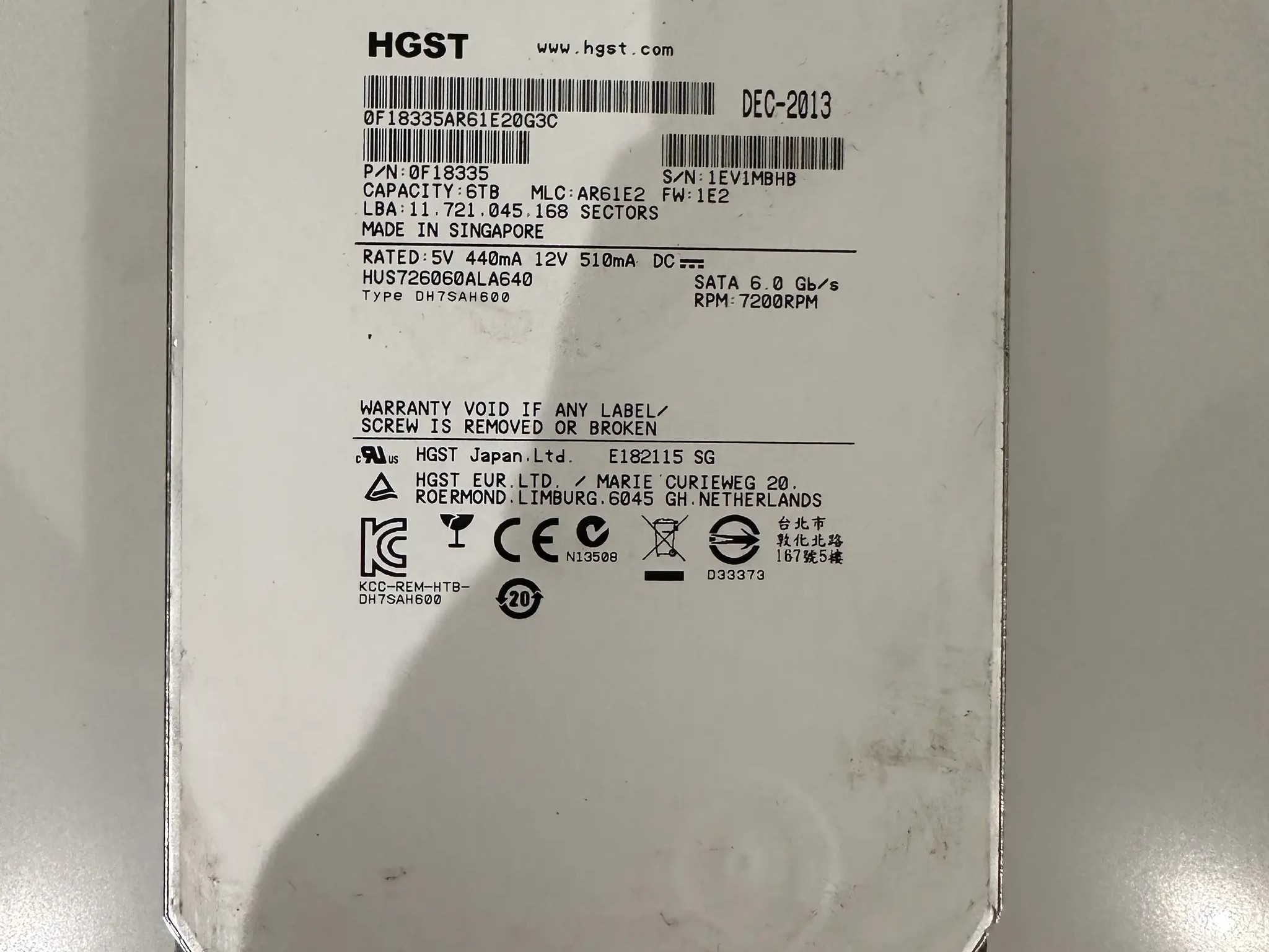 HGST 6TB 3.5" SATA Enterprise HDD 0F18335
