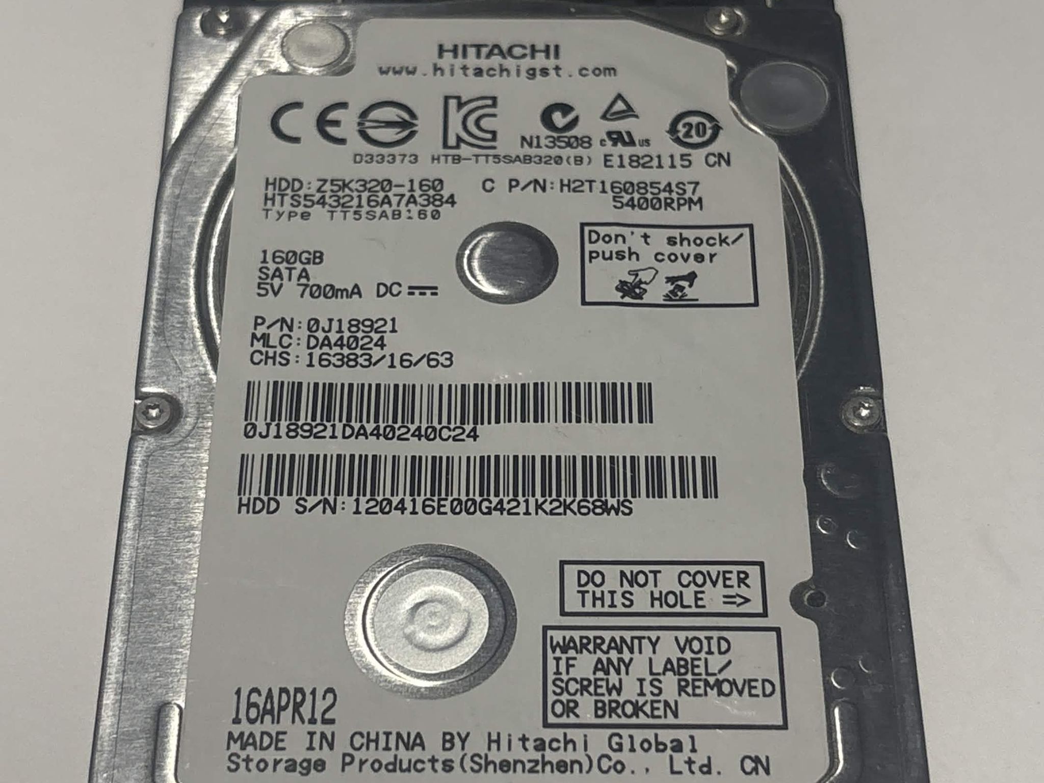 Hitachi 160GB 2.5” HDD 5400RPM Tested Working Laptop Hard Drive