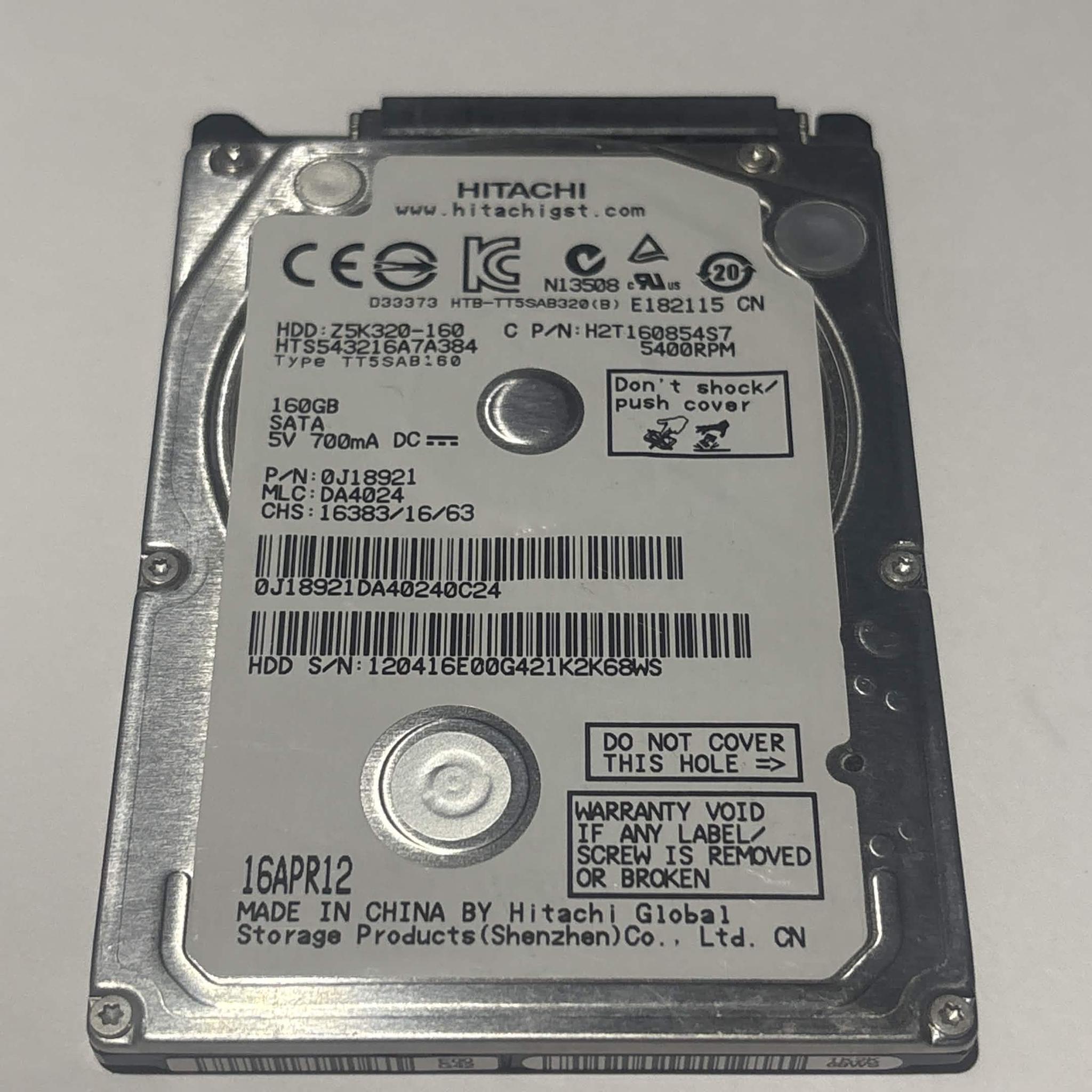 Hitachi 160GB 2.5” HDD 5400RPM Tested Working Laptop Hard Drive