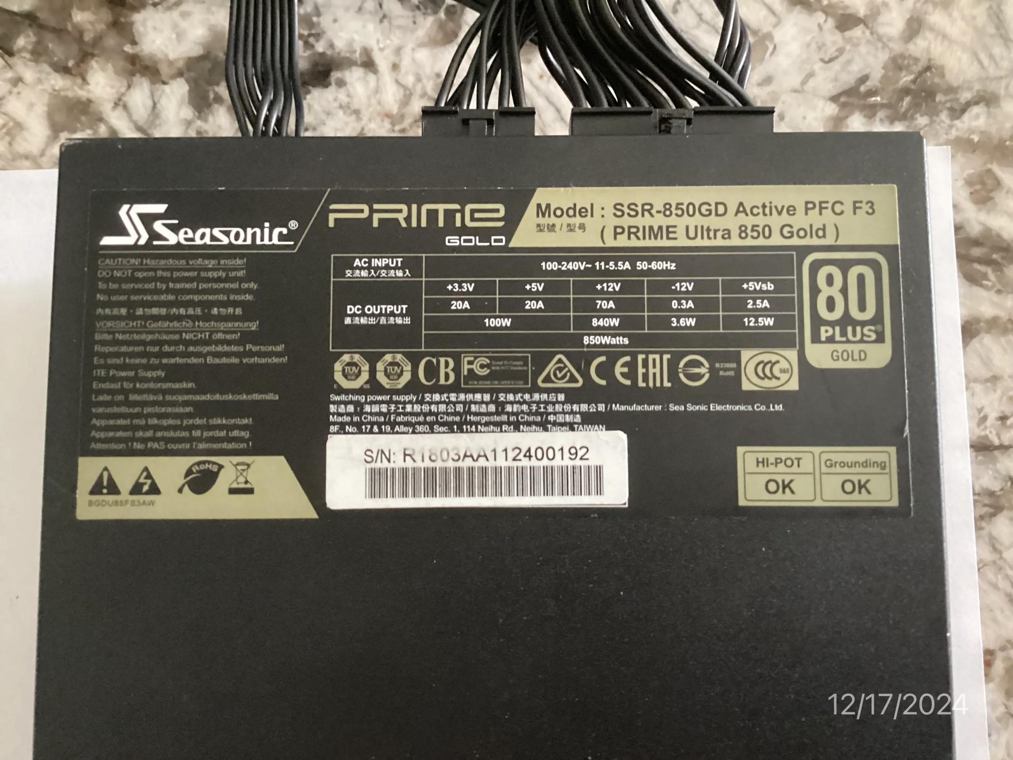 ++ NEW ++ SeaSonic PRIME GX-850, 850W 80+ Gold, Full Modular, Japanese Capacitor, 12 Yr Warranty