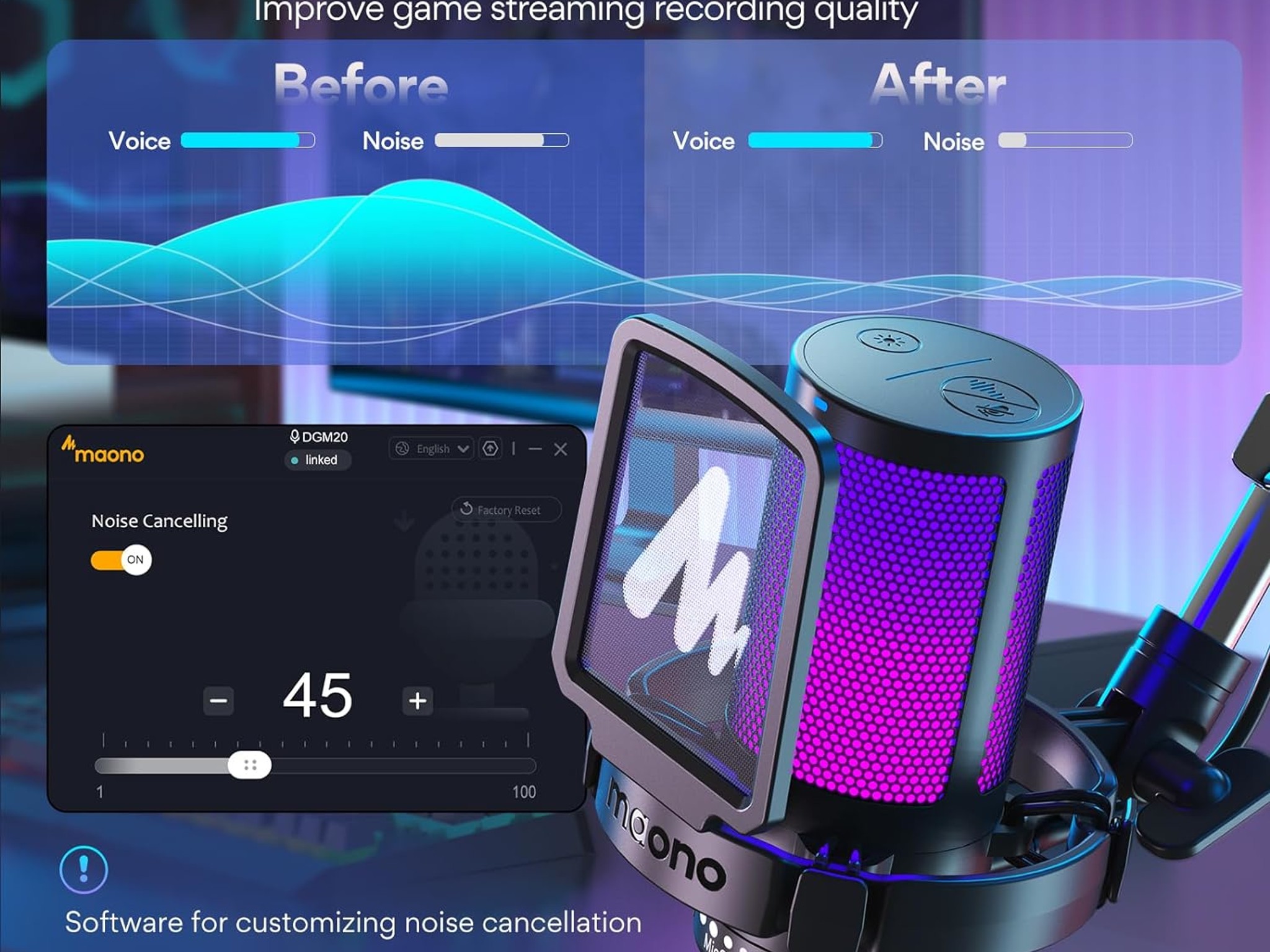 MAONO DGM20S Gaming USB Microphone, Noise Cancellation Condenser mic with Mute, Gain, Podcast