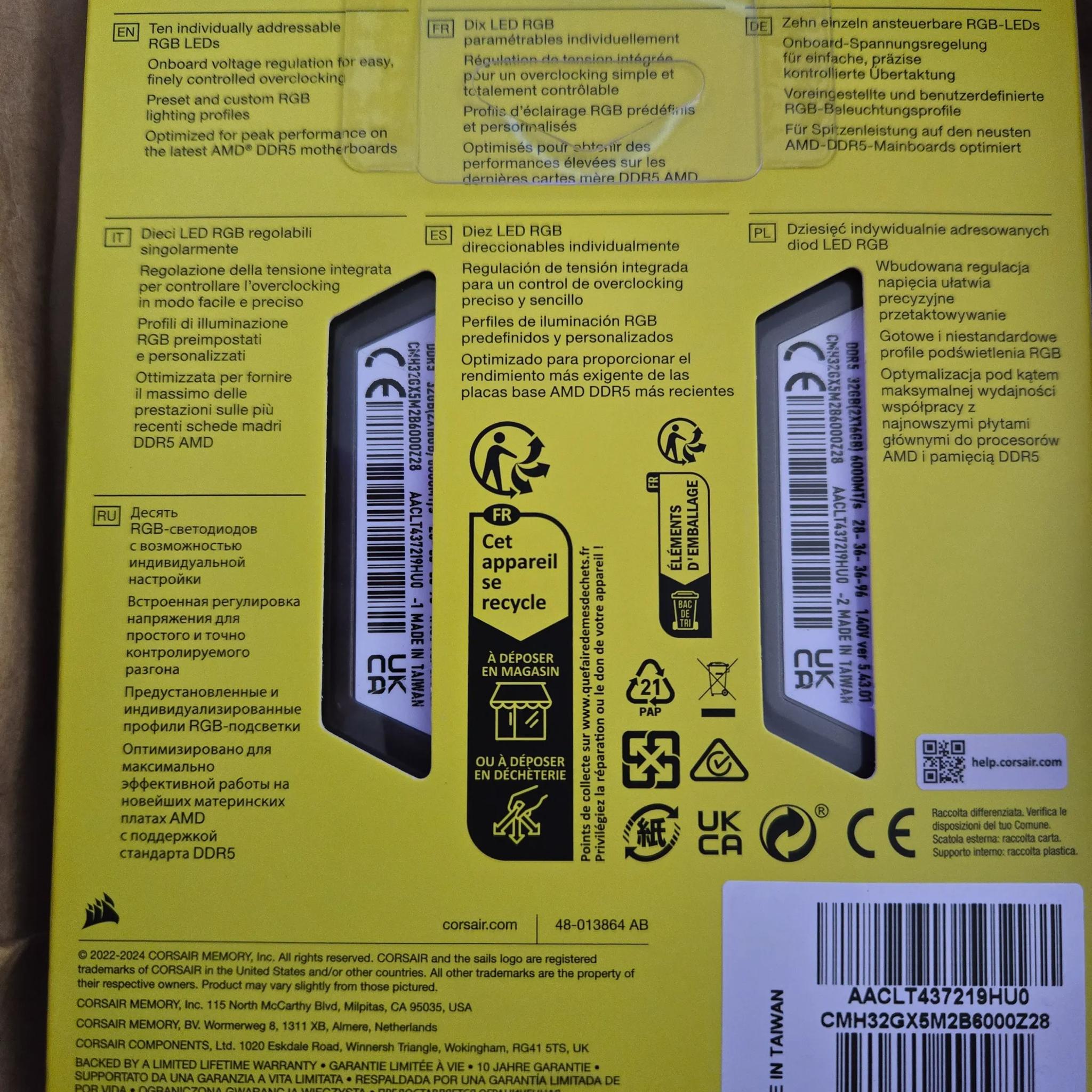 NEW-DDR5 CORSAIR VENGEANCE 6000MHZ 2*16GB. CMH32GX5M2B60000Z28