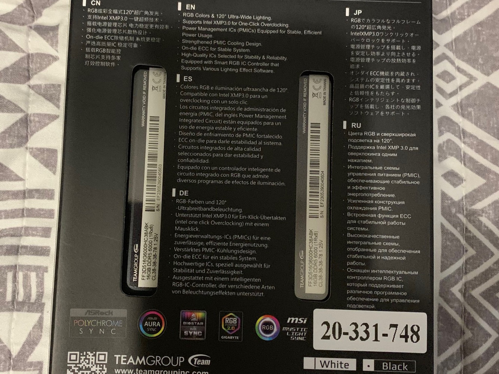 TeamGroup T-Force Delta BLACK RGB 32GB (2 x 16GB) DDR5 6000 CL38 (PC5 48000)