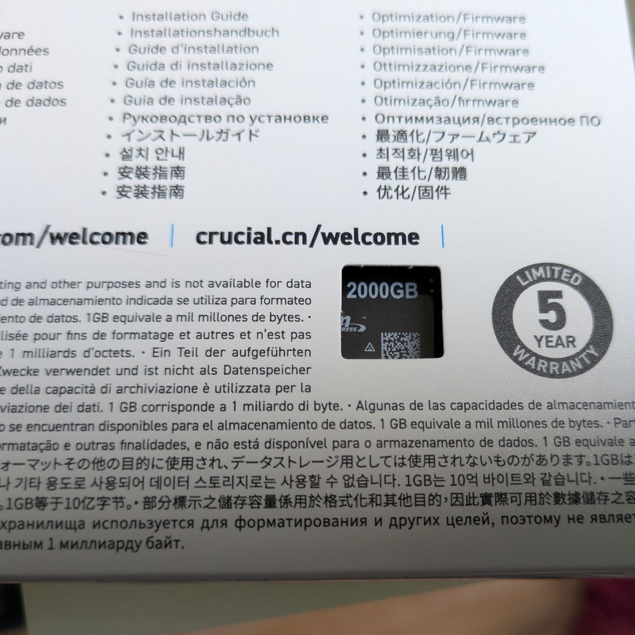 Crucial P3 Plus 2TB PCIe NVMe M.2 SSD, new in box