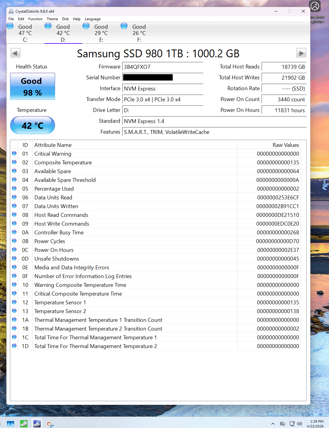 Samsung 980 1 TB M.2-2280, PCIe 3x4 NVMe